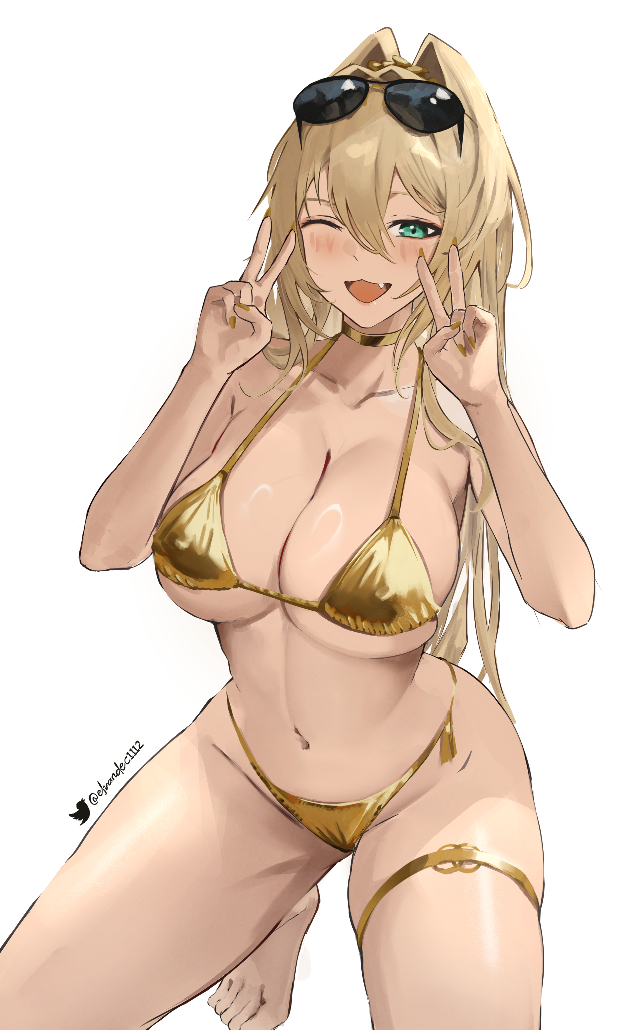 :3, absurdres, alternate costume, barefoot, bikini, blonde hair, blush, breasts, collarbone, cropped legs, cute fang, double v, elvandec, eyewear on head, female, goddess of victory: nikke, gold bikini, green eyes, gyaru, hair intakes, highres, large breasts, long hair, looking at viewer, navel, one eye closed, open mouth, rupee (nikke), shiny skin, simple background, smile, solo, squatting, sunglasses, swimsuit, thigh strap, toes, v, white background