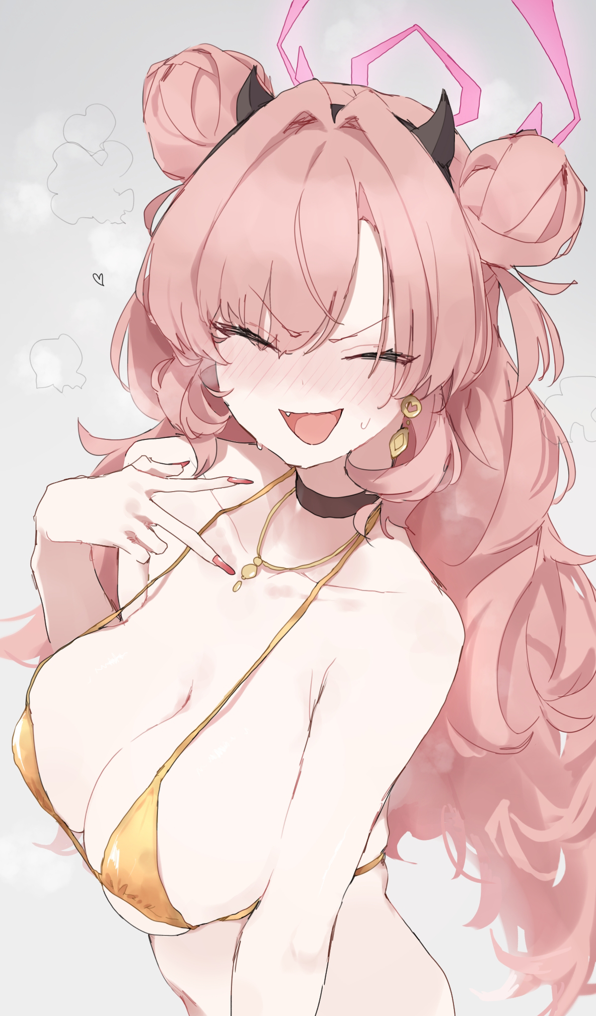 ^ ^, alternate costume, bikini, black choker, black hairband, blue archive, blush, breasts, choker, cleavage, closed eyes, collarbone, cute fang, demon horns, double bun, facing viewer, fake horns, female, fingernails, gehenna academy student, gold bikini, hair bun, hairband, halo, highres, horns, jewelry, kirara (blue archive), large breasts, long hair, long nails, makkurourufu, messy hair, micro bikini, nail polish, necklace, nose blush, pink hair, simple background, smile, solo, sparkle club (blue archive), string bikini, sweat, swimsuit, underboob, upper body, very long hair, w
