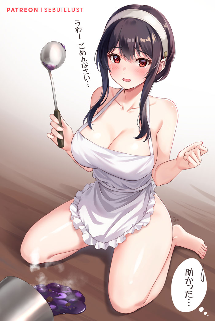 apron bare_arms bare_legs bare_shoulders barefoot black_hair breasts cleavage collarbone commentary_request female hairband holding holding_ladle ladle large_breasts long_hair naked_apron red_eyes sebu_illust seiza sidelocks sitting solo spy_x_family thighs white_apron white_hairband yor_briar yor_forger