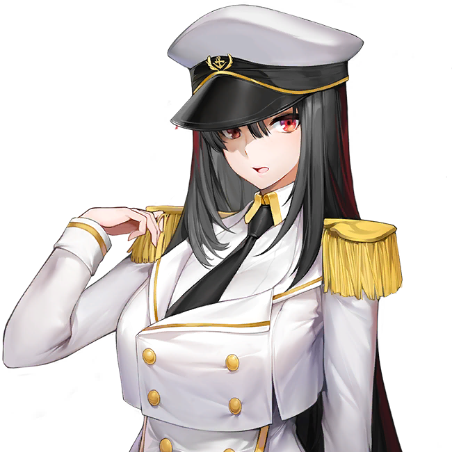 amphitrite_(last_origin) big_breasts black_hair black_necktie black_tie cap color epaulettes female female_focus female_only game_cg hair_between_eyes hat last_origin long_hair naval_uniform navy_hat navy_uniform necktie open_mouth peaked_cap red_eyes snowball22 tie transparent_background uniform white_cap white_clothing white_hat white_uniform