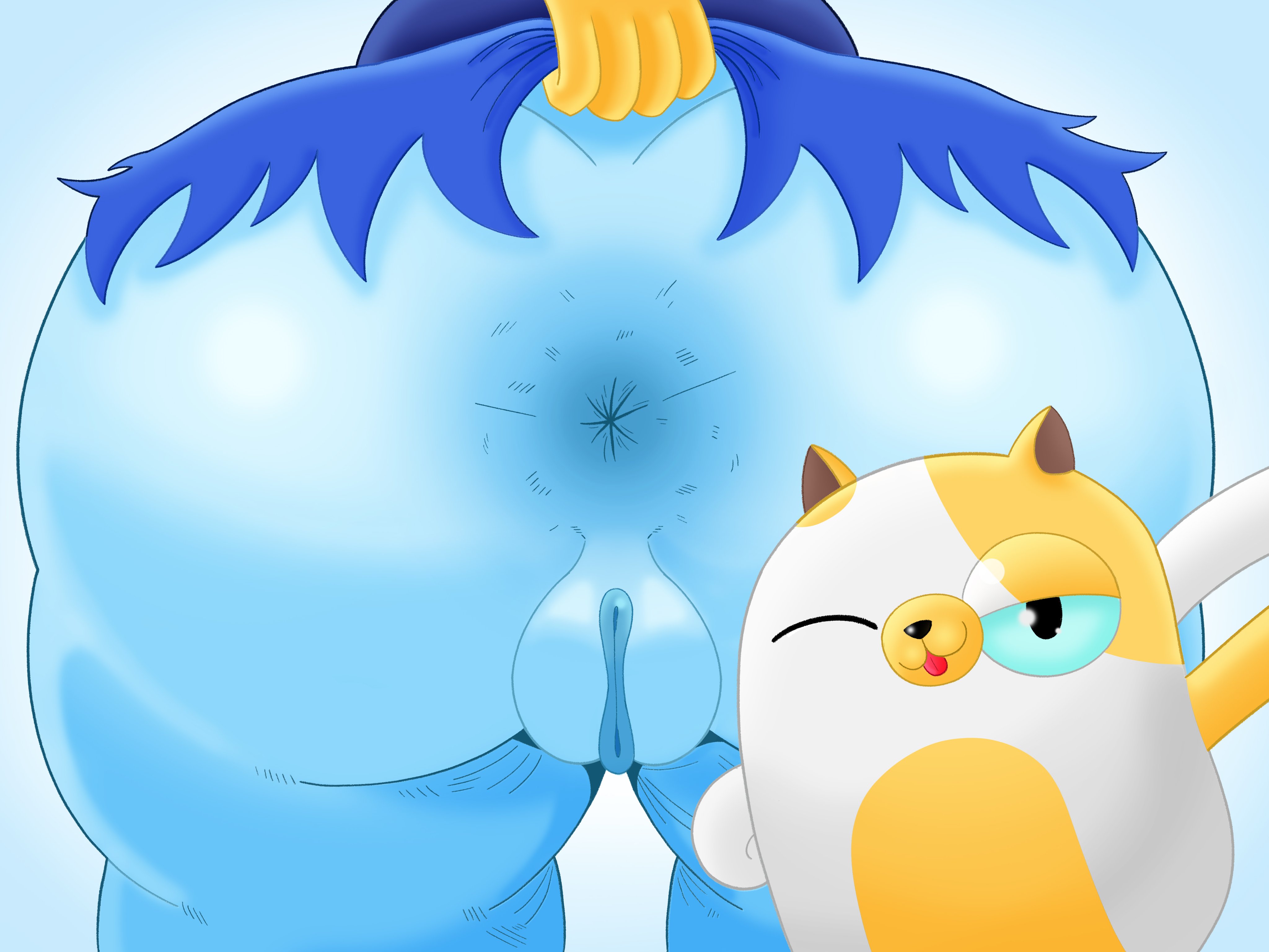 2girls, adventure time, anus, ass, big ass, big butt, blue skin, bottomless, cake the cat, cartoon network, fat ass, fat butt, feline, female, female only, huge ass, huge butt, ice queen (adventure time), itsme hilo, lifting dress, looking at viewer, multiple females, multiple girls, pussy, thick ass, thick butt, warner brothers, wink, winking at viewer