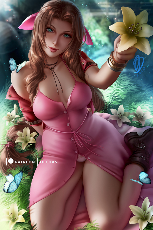 1girls, aerith gainsborough, big breasts, breasts, brown hair, cleavage, female, female only, final fantasy, final fantasy vii, final fantasy vii remake, green eyes, large breasts, long hair, looking at viewer, olchas, panties, solo, square enix
