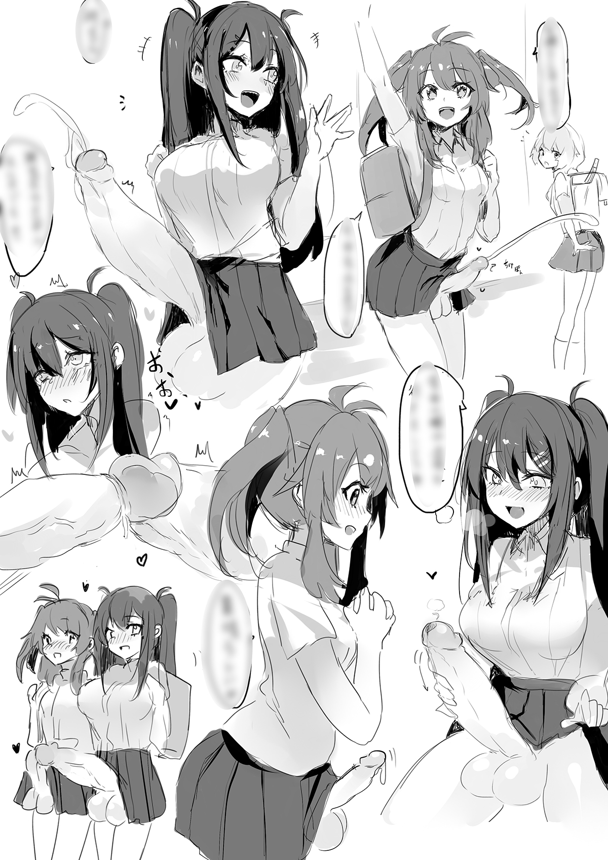 2girls, balls, big balls, big breasts, big penis, blush, breasts, censored text, dark hair, docking, female, futa urethral insertion, futanari, huge cock, intersex, open mouth, original, original character, penile urethral insertion, penis, penis size difference, precum, red potato rinrin, school uniform, skirt, skirt lift, twintails, urethral insertion, urethral penetration, yuuki nanase (red potato rinrin)