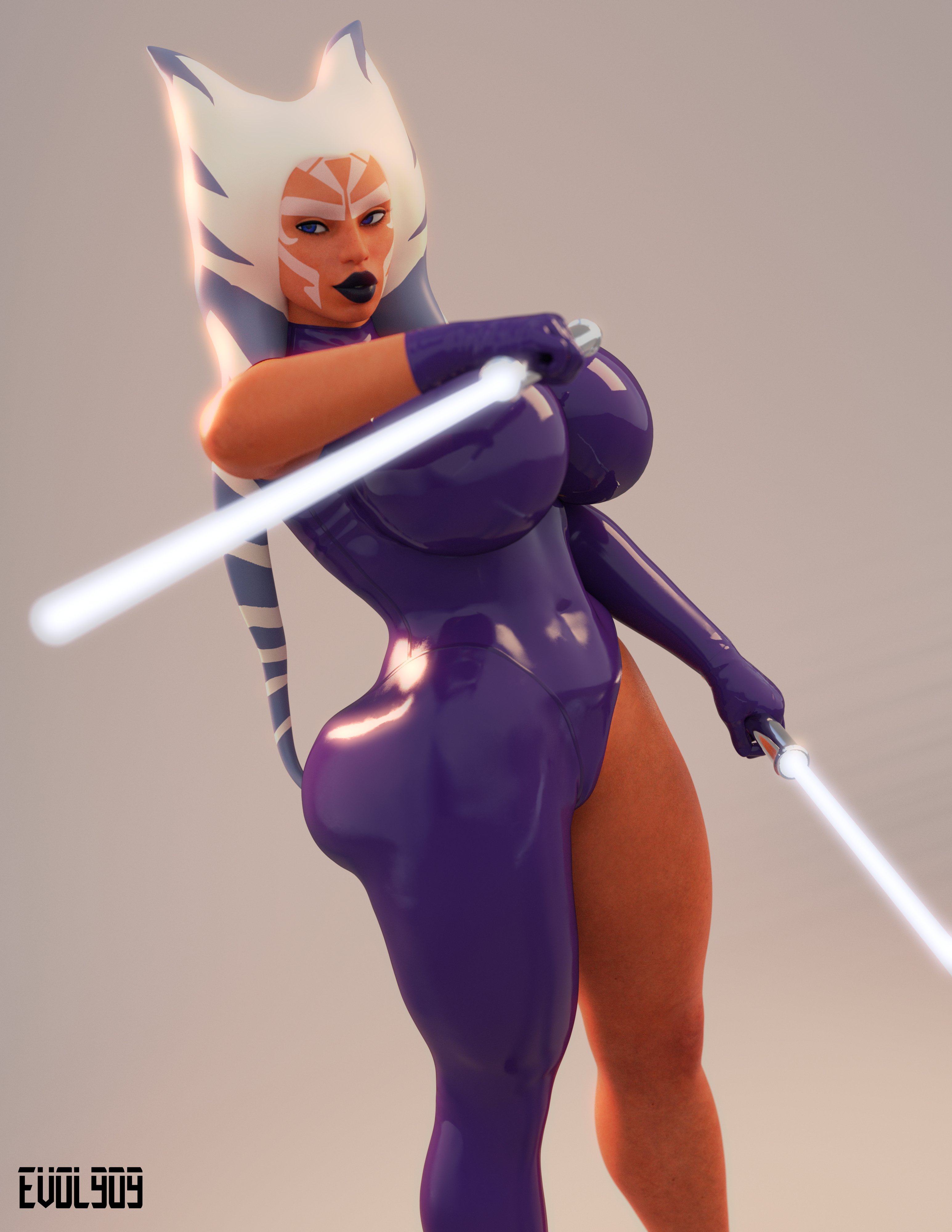 1girls, 3d, ahsoka tano, alien, alien girl, artist name, bare shoulders, big breasts, bimbo, blue eyes, bodysuit, breasts, busty, curvy, evolluisionist, eyelashes, female, female only, front view, holding object, hourglass figure, humanoid, jedi, lightsaber, lipstick, mammal, marking, orange skin, pose, posing, shadow, shiny, shiny skin, simple background, solo, standing, star wars, star wars rebels, thick lips, thick thighs, togruta, voluptuous, weapon, wide hips