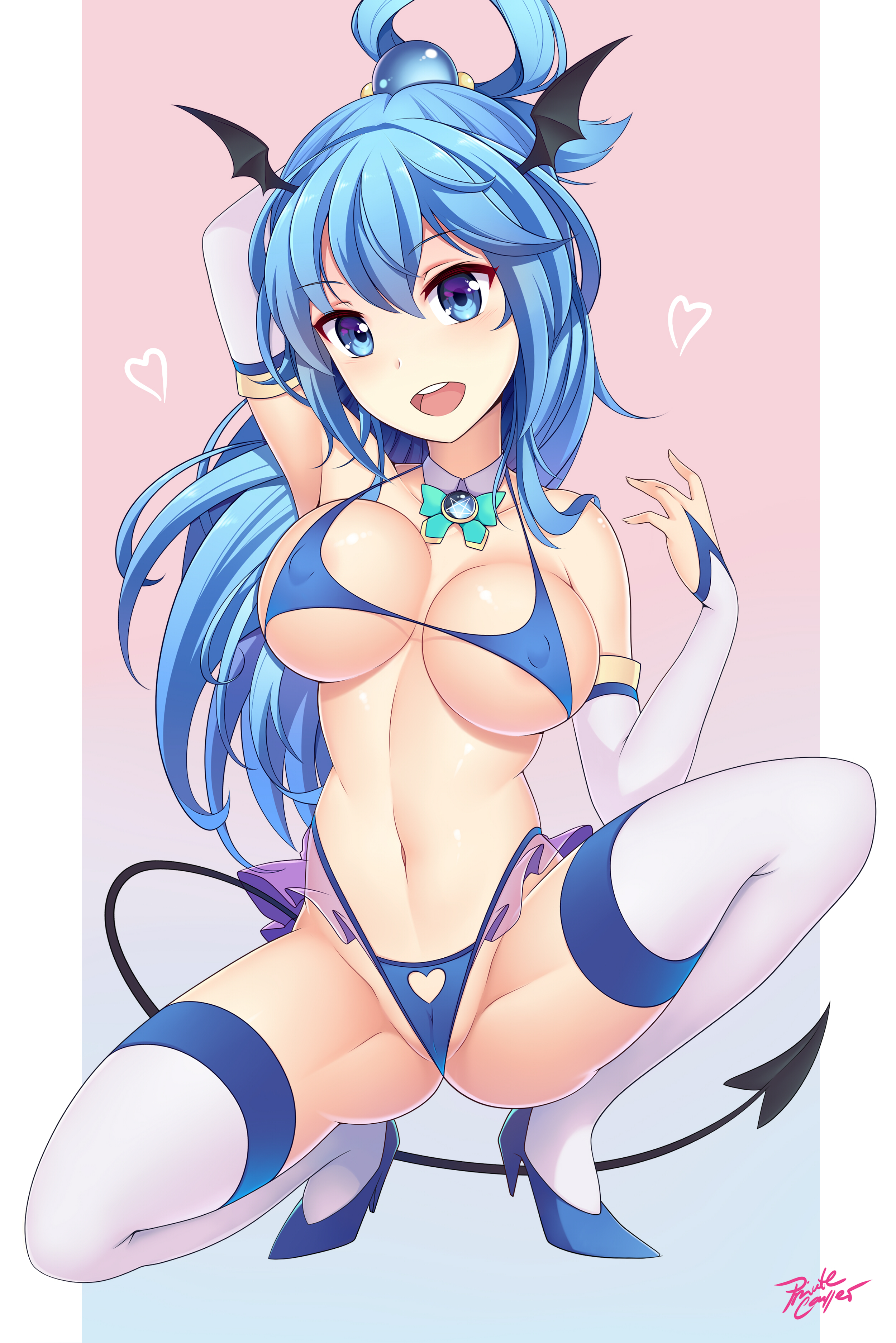 1girls, absurdres, aqua (konosuba), arm up, ass visible through thighs, bikini top, blue eyes, blue hair, bridal gauntlets, cleavage, covered nipples, demon, demon girl, detached collar, female, hair ornament, head wings, heart, heart cutout, high heels, highleg, highleg panties, highres, kono subarashii sekai ni shukufuku wo!, long hair, looking at viewer, looking back, navel, open mouth, panties, pentagram, privatecaller, skirt, smile, solo, spread legs, squatting, succubus, tail, thighhighs, underwear, very long hair, white legwear