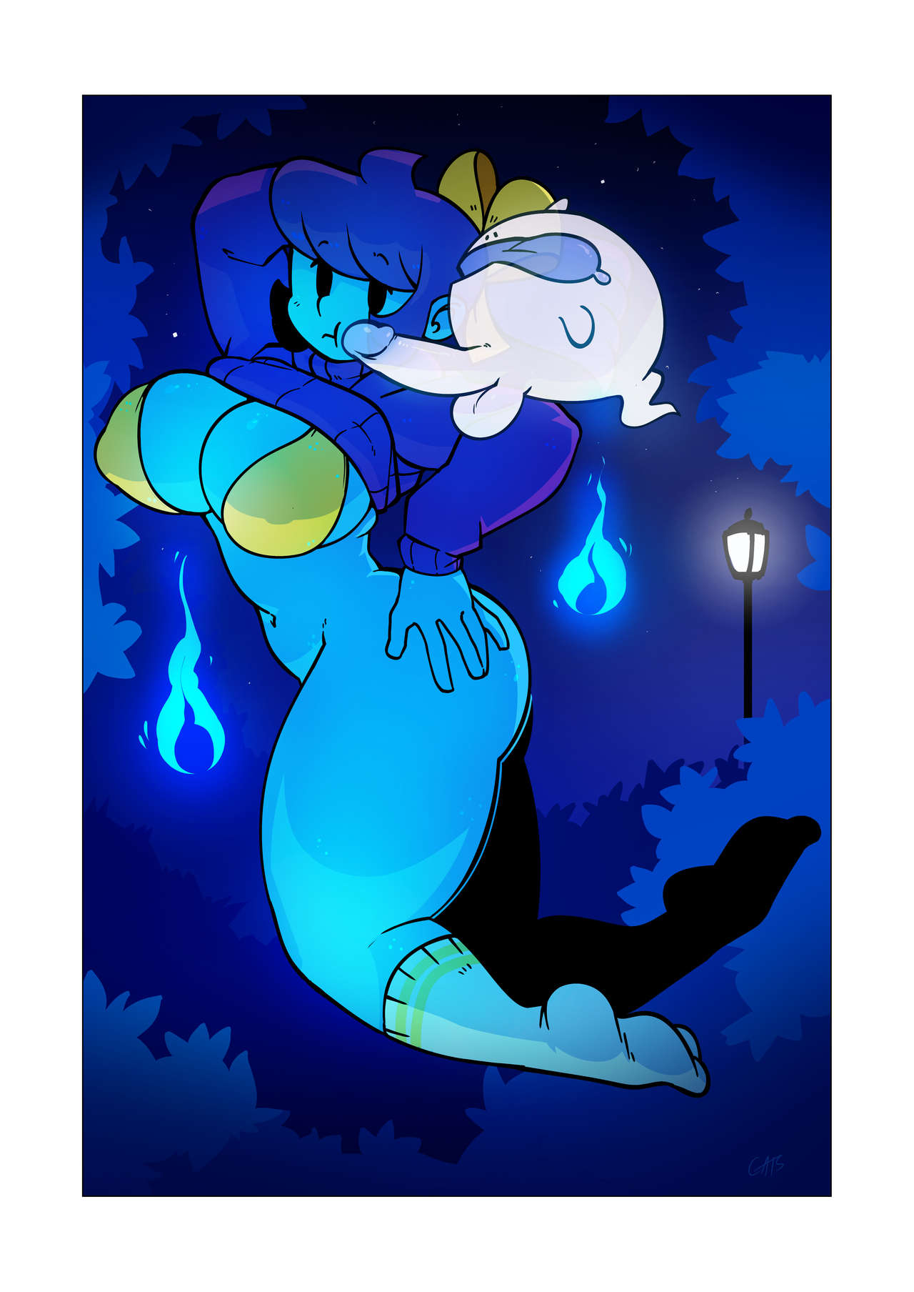 1boy, 1girls, ankle socks, ass, big ass, big breasts, bikini top, bottomless, breasts, cleavage, feet, female, female focus, floating, gats, ghost, ghost girl, hand on ass, male, marina (noill), mob face, night, noill, original, original character, penis, ponytail, socks, sweater, sweater lift, thick thighs, thighs, tongue, tongue out