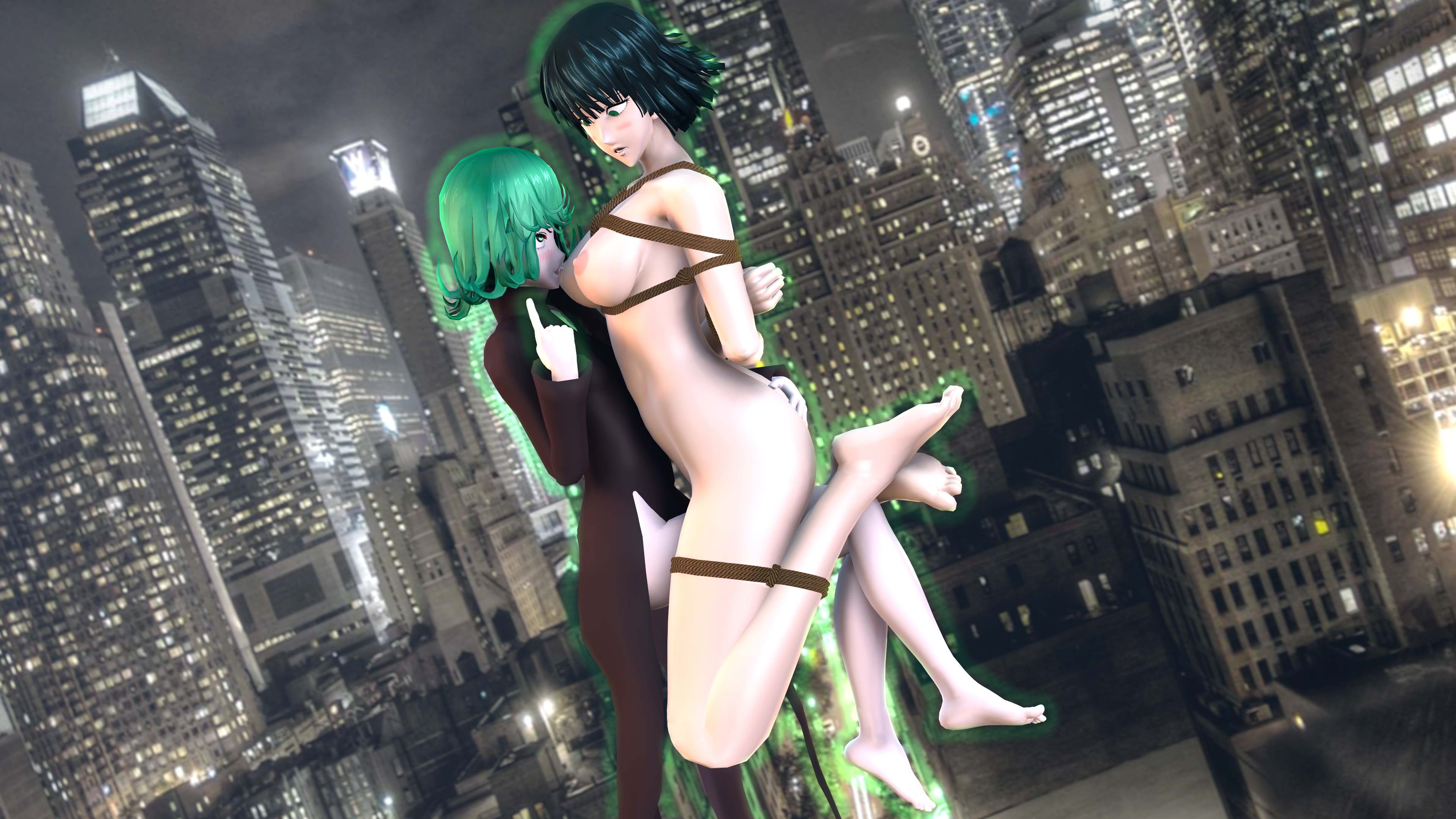 2girls, bare legs, bare shoulders, barefoot, biting nipple, black dress, bondage, bottomless, bound, bound arms, bound legs, breast sucking, breasts, city, city background, completely naked, completely nude, dress, embarrassed, feet, female, female only, femdom, femsub, ff7sfm, flying, fubuki (one-punch man), green hair, incest, lezdom, lezsub, multiple females, multiple girls, naked, naked female, nipples, no panties, nude, nude female, one-punch man, pelvic curtain, psychic, public, rape, restrained, rope, rope between breasts, rope bondage, sisters, source filmmaker, tatsumaki, tied, tied arms, tied legs, tied up, yuri