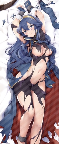 1girls, arms up, bad censor, body pillow, bondage, clothing, covering, female, female only, fire emblem, fire emblem awakening, inferior version, kyuri tizu, looking at viewer, lowres, lucina (fire emblem), on bed, scared, solo, solo female, solo focus, torn clothes
