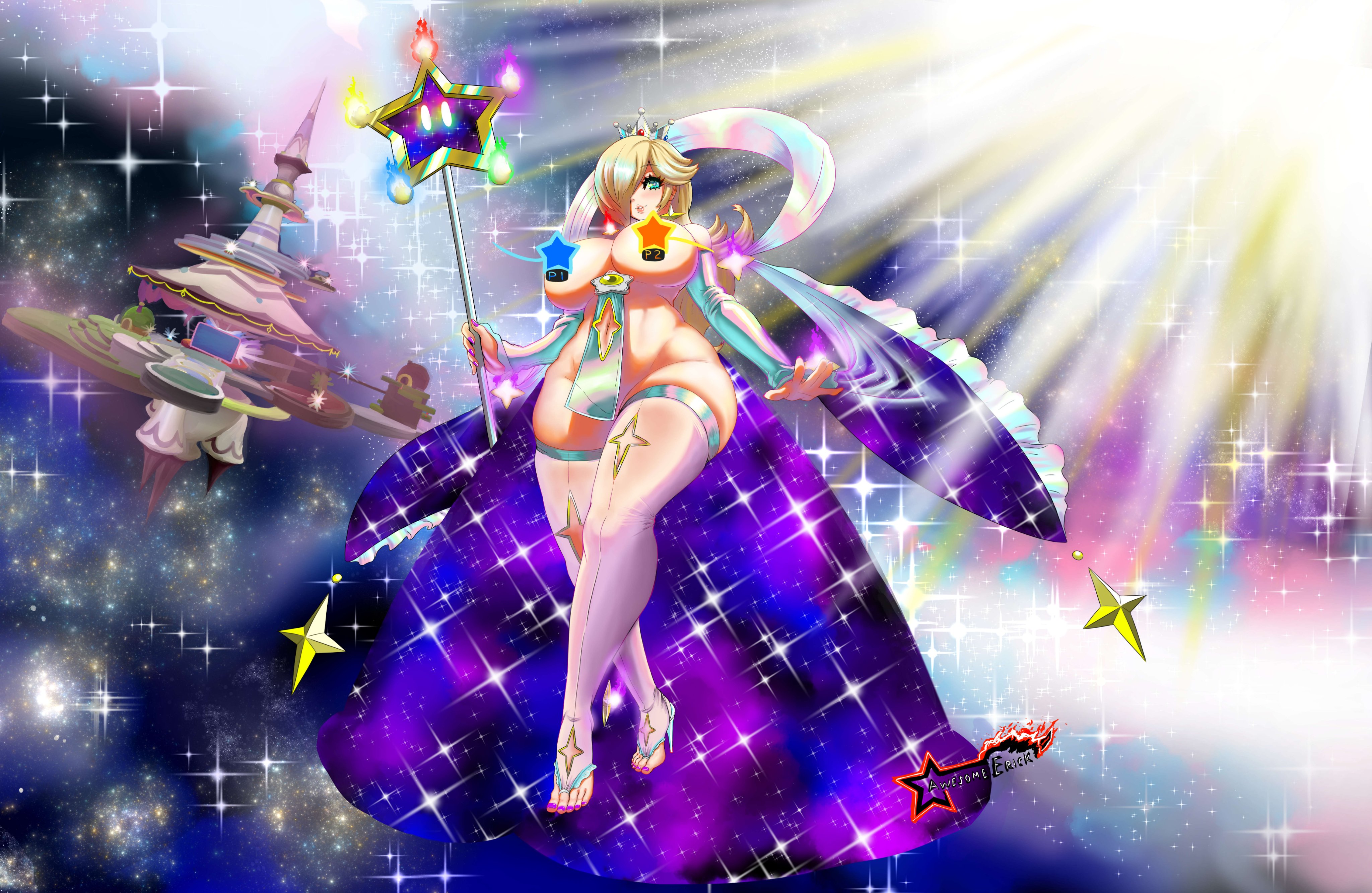 alternate costume, awesomeerix, big breasts, blonde hair, blue eyes, breasts, comet observatory, crown, curvaceous, dress, female, floating, goddess rosalina (awesomeerix), huge breasts, mario (series), nintendo, princess rosalina, skindentation, solo, space, stars, super mario galaxy, thick thighs, thighhighs, voluptuous, wand, wide hips