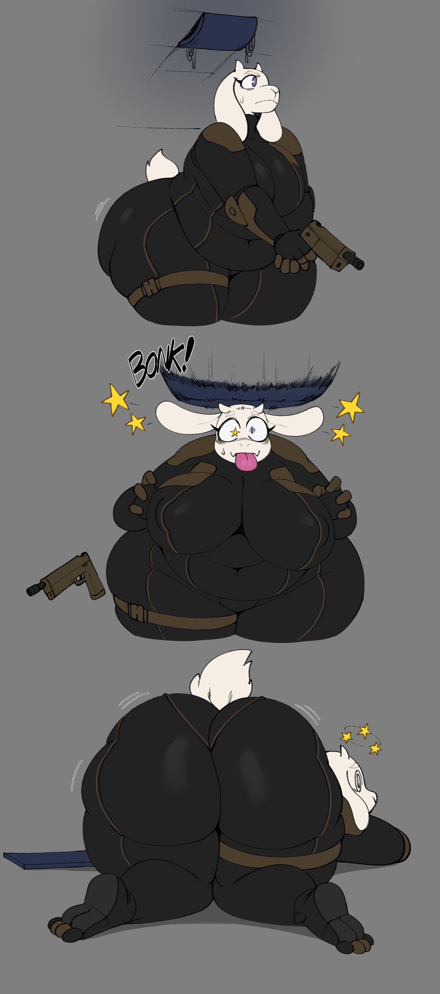 ass, ass bigger than head, ass up, begging pose, big ass, bodysuit, breasts, chubby, defeated, dizzy, face down ass up, fat ass, female, furry, huge ass, jack-o pose, knocked out, latex suit, metal gear solid, milf, sssonic2, toriel, unconscious, undertale, undertale (series), weapon