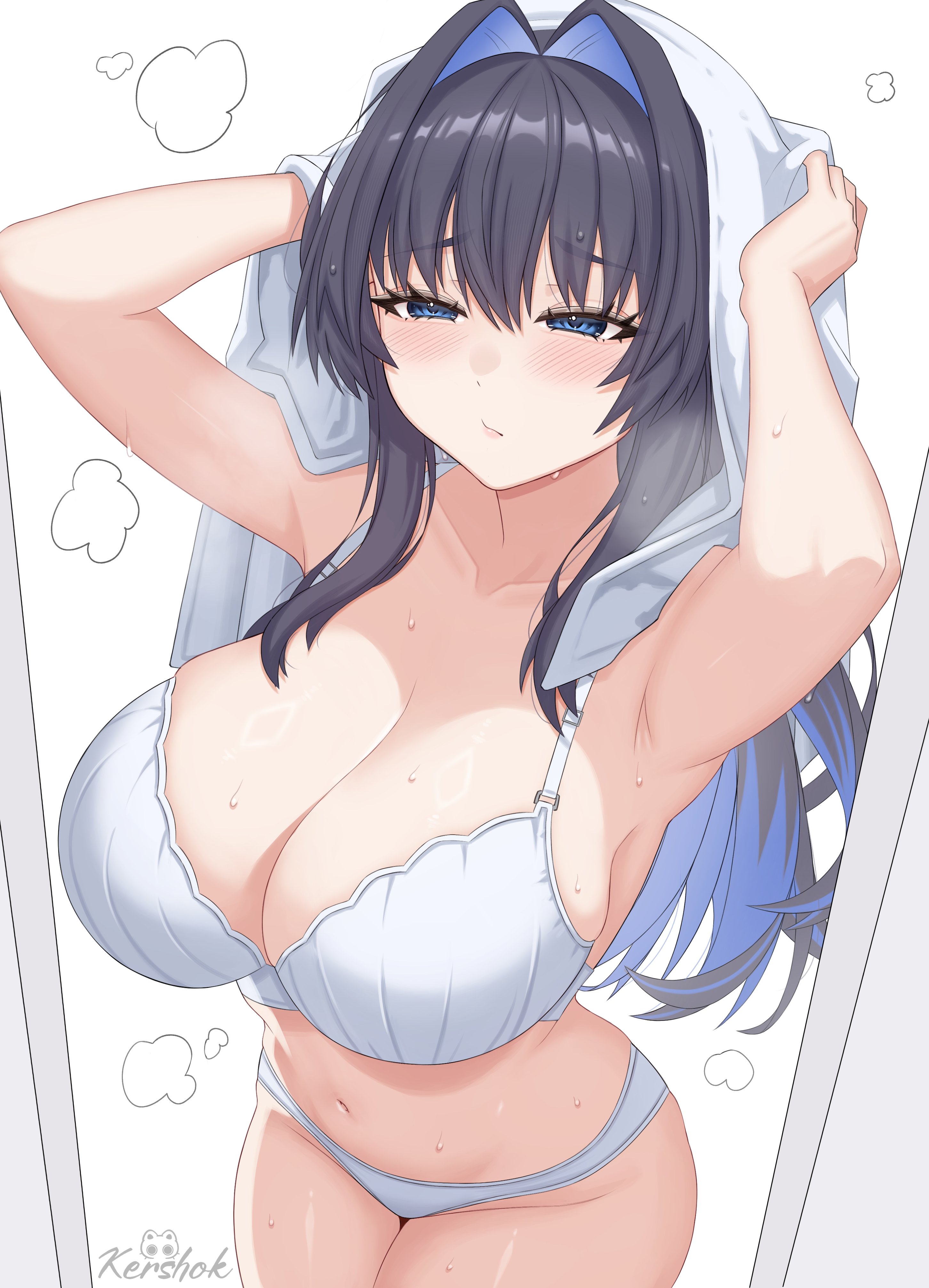 1girls, arms behind head, bra, hololive, hololive english, hololive english -council-, hololive english -promise-, huge breasts, kershok, large breasts, long hair, ouro kronii, panties, slutty female, towel on head, virtual youtuber