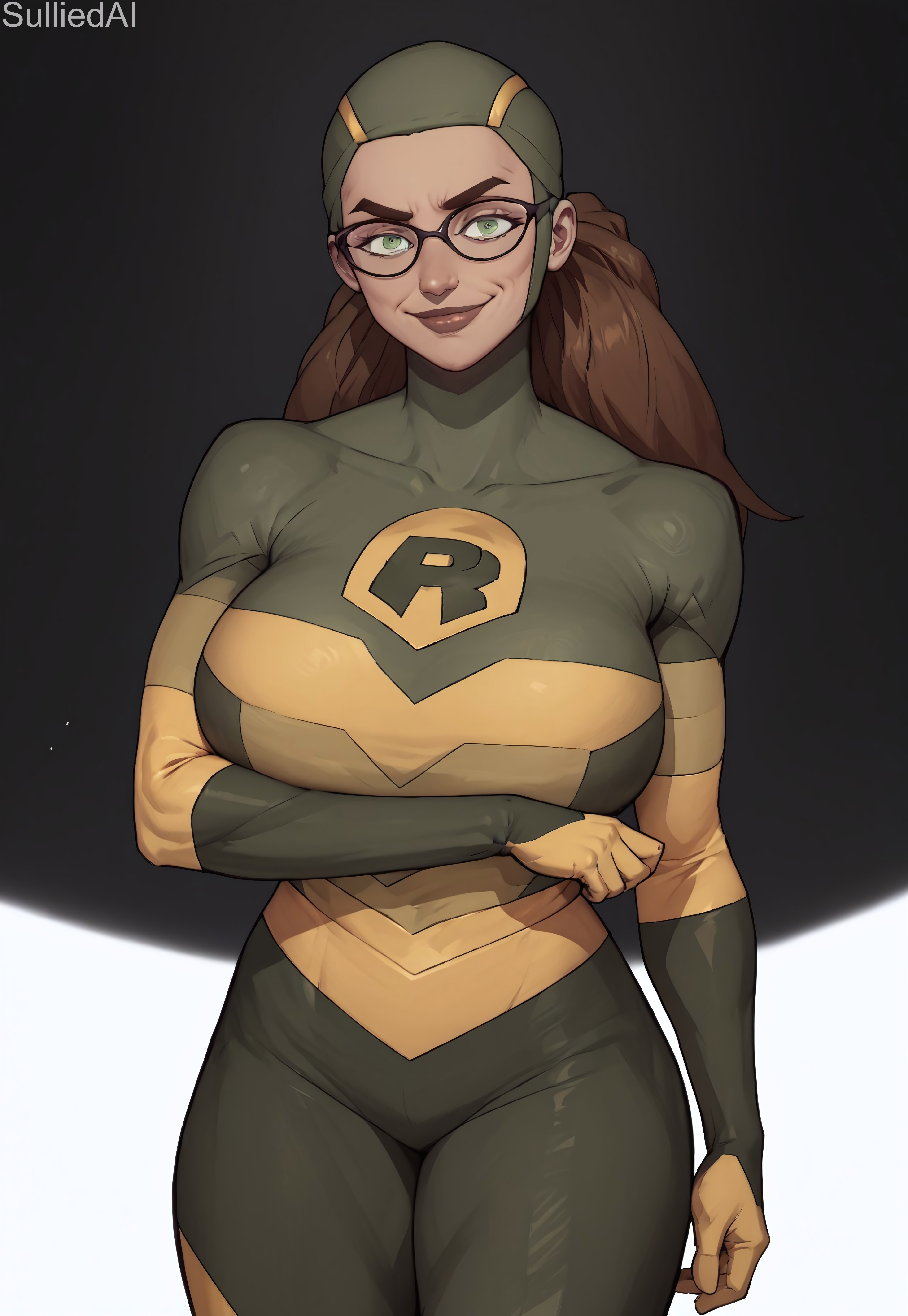 ai generated, ass, big ass, big breasts, bodysuit, breasts, brown hair, female, glasses, green eyes, invincible, shrinking rae, skin tight, sulliedai, thick thighs, white female, wide hips