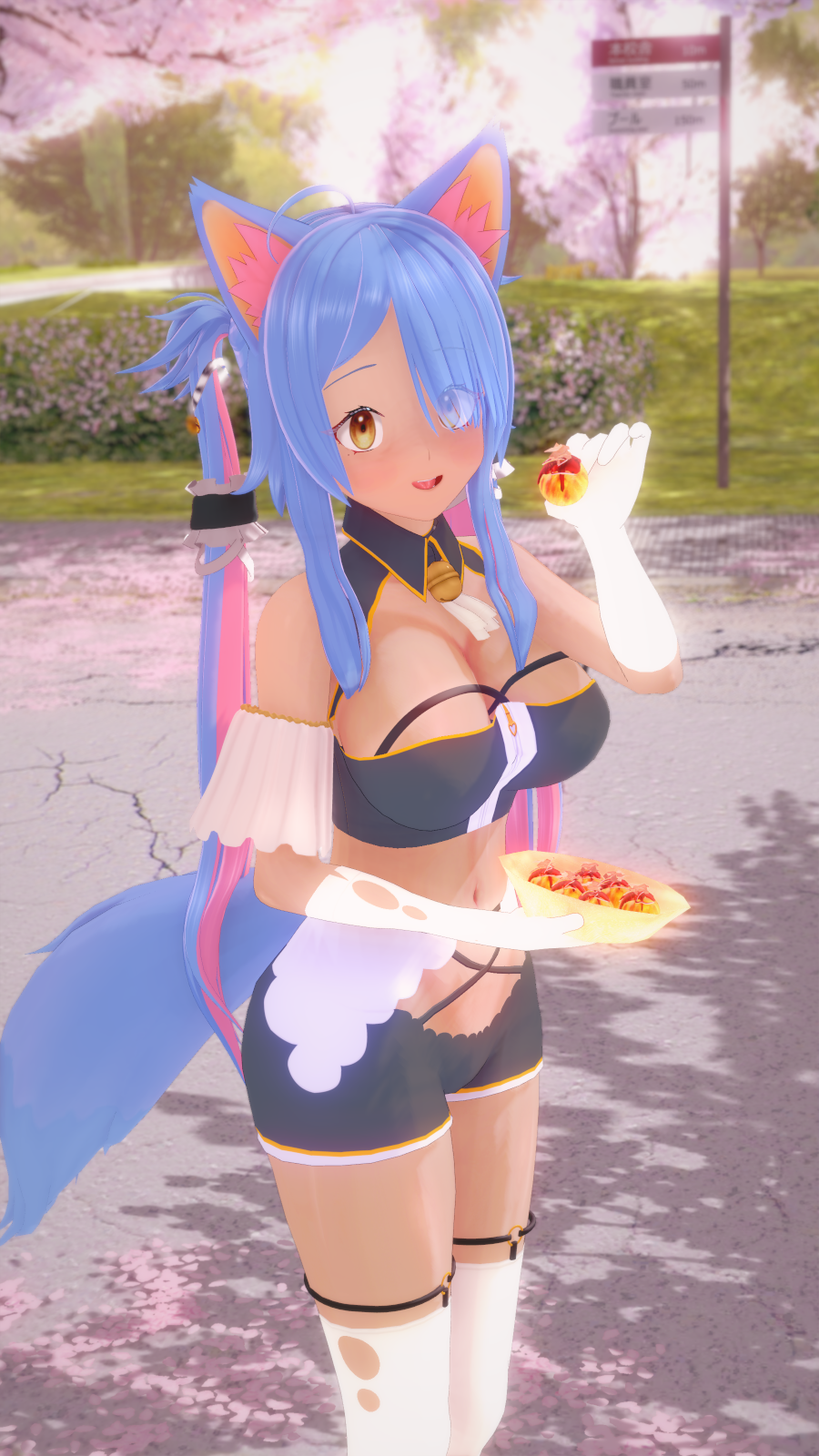 1girls 3d ahoge big_breasts blue_hair breasts cat_ears cat_tail catgirl cherry_blossoms cleavage deluxe_rosie elbow_gloves female female_only food gloves holding_food indie_virtual_youtuber long_hair looking_at_viewer multicolored_hair navel open_mouth outdoors pink_hair rosie_(vtuber) short_shorts smile solo solo_female tail tan-skinned_female tan_body tan_skin thighhighs thighs thin_waist tongue tree twintails virtual_youtuber yellow_eyes