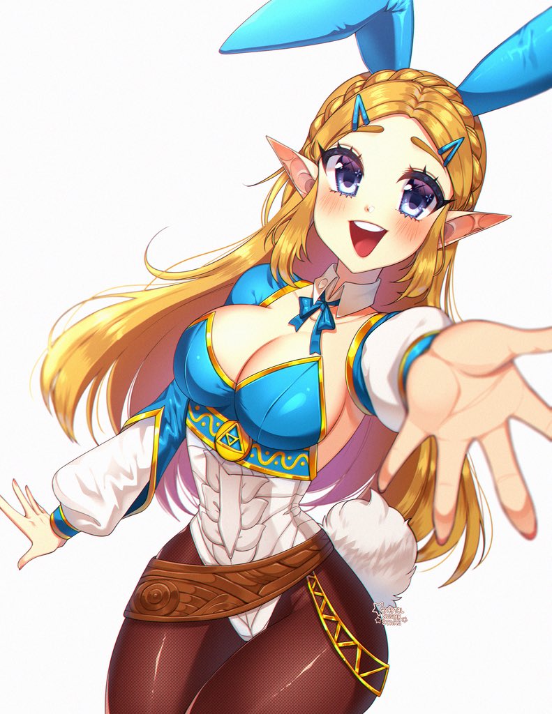 blonde_hair blush breasts breath_of_the_wild bunny_ear bunny_ears bunny_girl bunny_suit bunny_tail bunnysuit clothing crystalsugarstars demigoddess female female_only hylian light-skinned_female light_skin long_hair pointy_ears princess_zelda smile solo solo_female teeth the_legend_of_zelda tongue white_background zelda_(breath_of_the_wild)