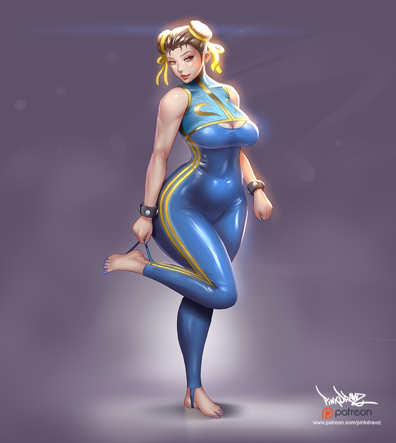 ass, big ass, big breasts, bodysuit, breasts, chun-li, curvy, feet, female, half-closed eyes, huge ass, muscles, muscular, muscular female, pinkdrawz, solo, street fighter, thick thighs, toned, toned female, wide hips