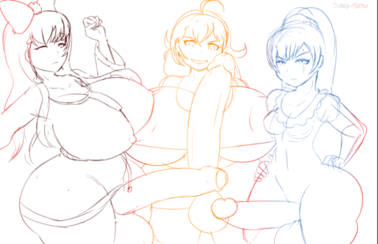 3futas, ass, balls, big ass, big balls, big breasts, big penis, blake belladonna, breasts, futa only, futanari, intersex, iron-0xide, pajamas, penis, rwby, sanka-tetsu, sketch, weiss schnee, yang xiao long