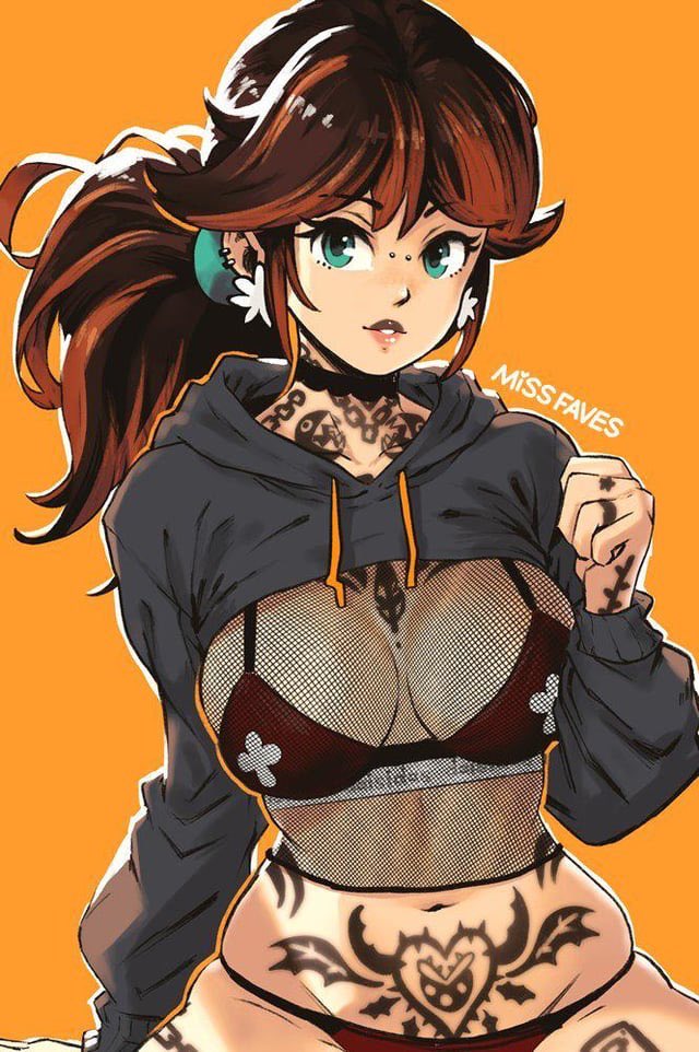 alternate_costume bikini black_choker blue_eyes breasts brown_hair chain_chomp choker cleavage ear_piercing earrings female fishnet_top fishnets flower_earrings goth_fashion hood hoodie jewelry large_breasts long_hair looking_at_viewer mario_(series) midriff miss_faves missfaves navel nintendo nose_piercing piercing ponytail princess_daisy skindentation sports_bra swimsuit tattoo