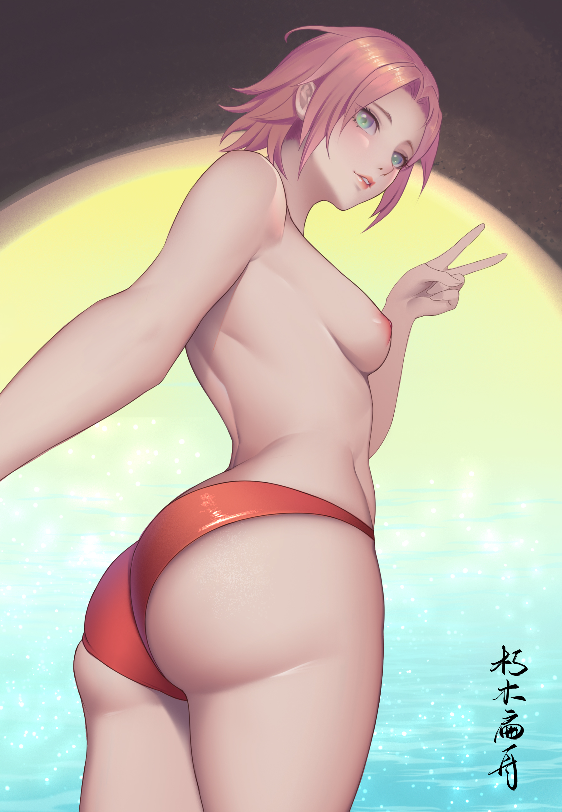 1girls, ass, bikini, breasts, female, female only, medium breasts, naruto, naruto (series), naruto shippuden, pink hair, sakura haruno, short hair, solo, swimsuit, thighs, topless, v, xiumu bianzhou