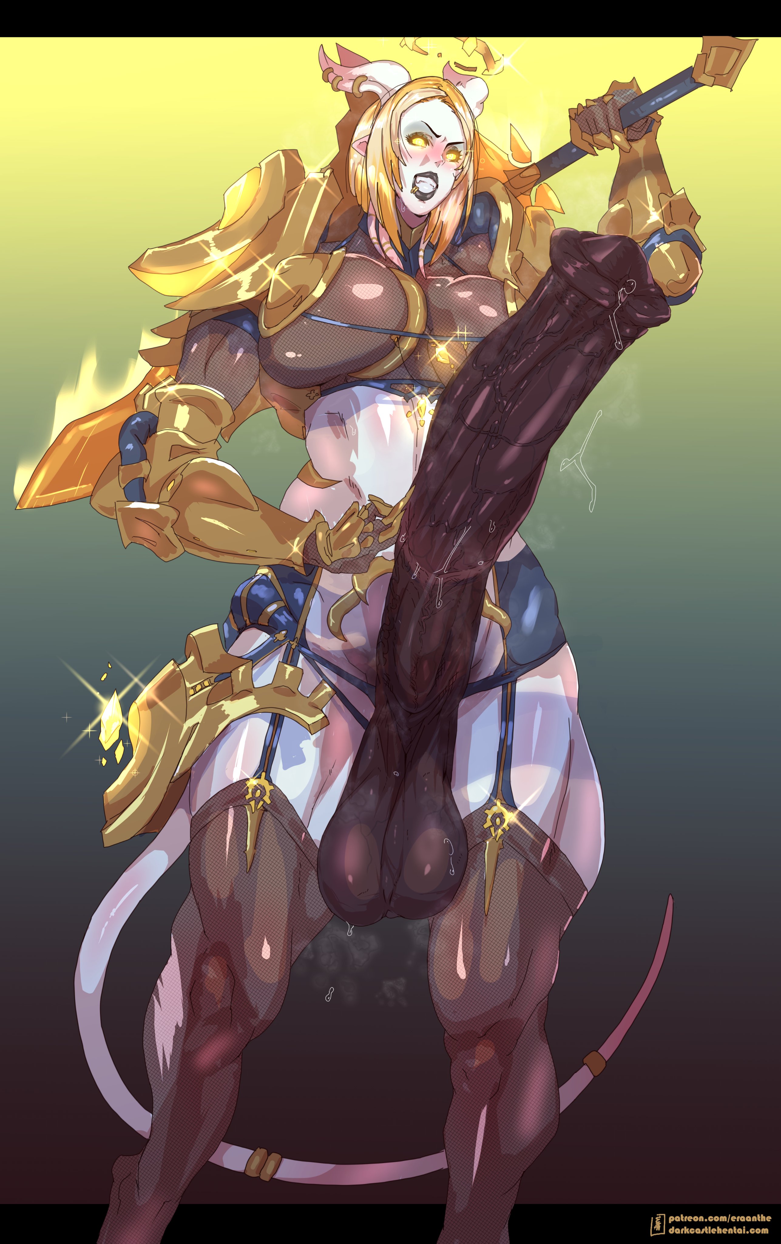 1futa, animal genitalia on humanoid, balls, big breasts, black lipstick, blonde hair, breasts, cleavage, draenei, eraanthe, futa only, futanari, horsecock, horsecock on humanoid, huge cock, huge penis, hyper penis, intersex, large breasts, long penis, muscles, muscular, muscular futa, penis, solo, solo futa, testicles, veiny penis, world of warcraft