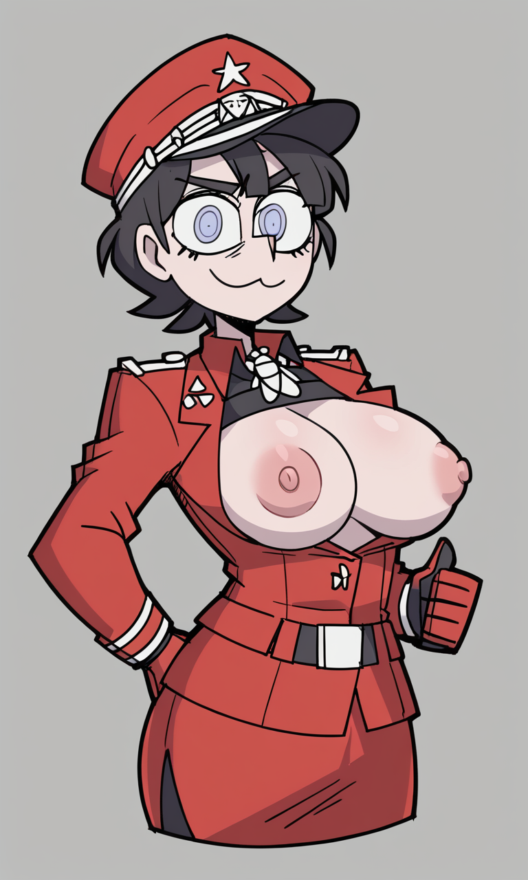 1girls ai_generated belt black_hair breasts breasts_out ching_shih_(kosine1777) helltaker_(style) huge_breasts kosine1777 kosineverse military_hat military_uniform nipples original original_character red_clothes short_hair style_parody thumbs_up vanripper_(style)