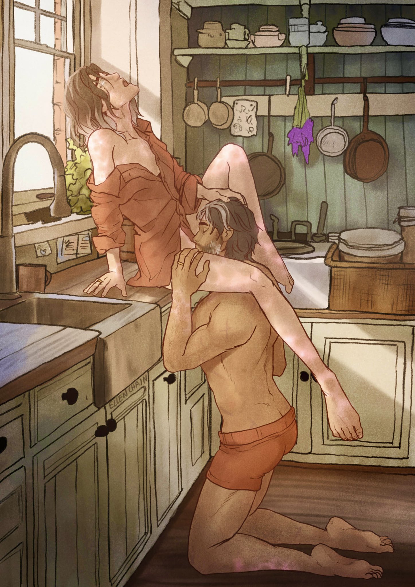 arcane, cunnilingus, ellenchain, female, jayce talis, kneeling, kneeling oral position, partially clothed, trans man, transmasc, viktor (league of legends)