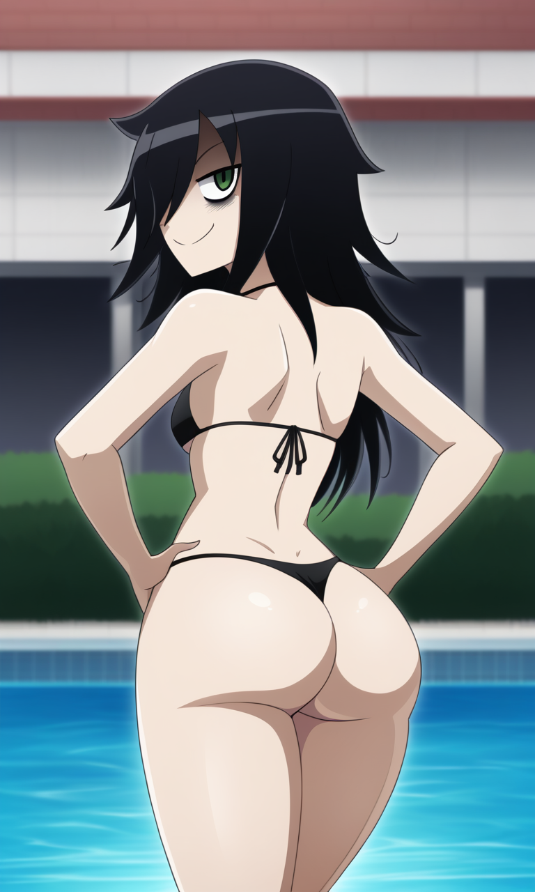 ai_generated ass_focus back_view bags_under_eyes bikini black_hair hair_sheen hands_on_hips kuroki_tomoko kuroki_tomoko looking_back_at_viewer pool poolside swimsuit watashi_ga_motenai_no_wa_dou_kangaetemo_omaera_ga_warui!