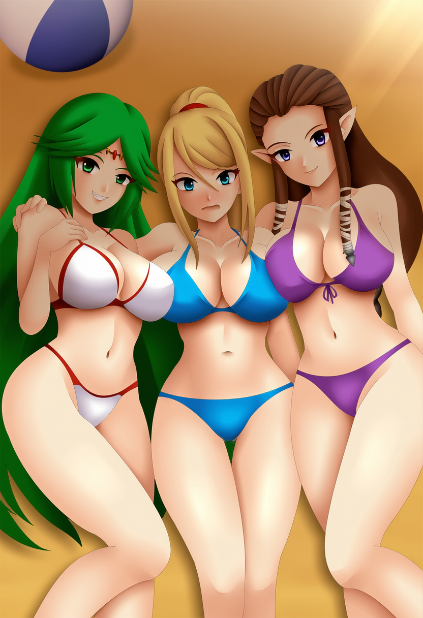 3girls ai_generated beach bikini blonde_hair blue_bikini blue_eyes brown_hair goddess green_eyes green_hair jewelry kid_icarus metroid nintendo palutena princess_zelda purple_bikini purple_eyes samus_aran the_legend_of_zelda the_legend_of_zelda:_twilight_princess white_bikini