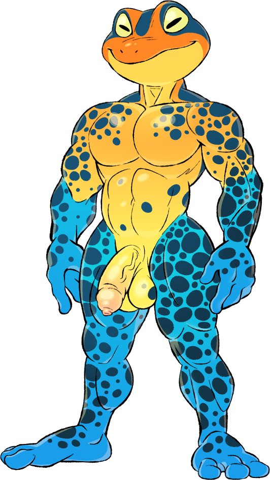 3_toes 4_fingers abs amphibian anthro athletic balls biceps biped blue_body blue_skin blue_spots fingers flaccid foreskin frog full-length_portrait genitals glans horizontal_pupils humanoid_genitalia humanoid_penis long_foreskin male male_only multicolored_body navel nude orange_body orange_skin pecs penis plantigrade portrait simple_background smile solo spots spotted_body standing tderek99 toes uncut vein veiny_penis white_background yellow_eyes