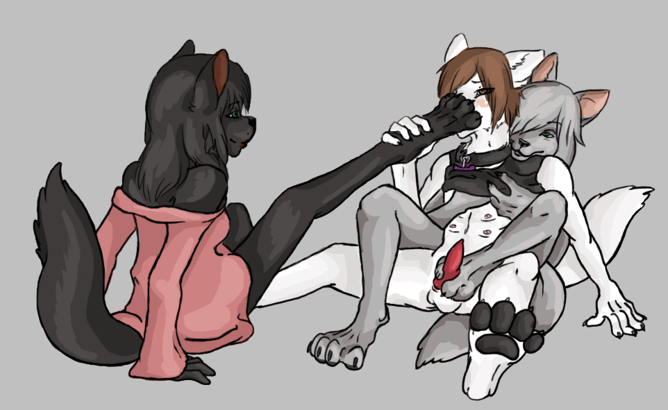 anthro canid canine canis chest_rub clothing collar crop_top feet female femboy foot_fetish foot_grab foot_on_face foot_play foot_sniffing footjob from_behind_position group male male/female mammal morir sabbyth sex shirt sitting sniffing topwear trio wolf