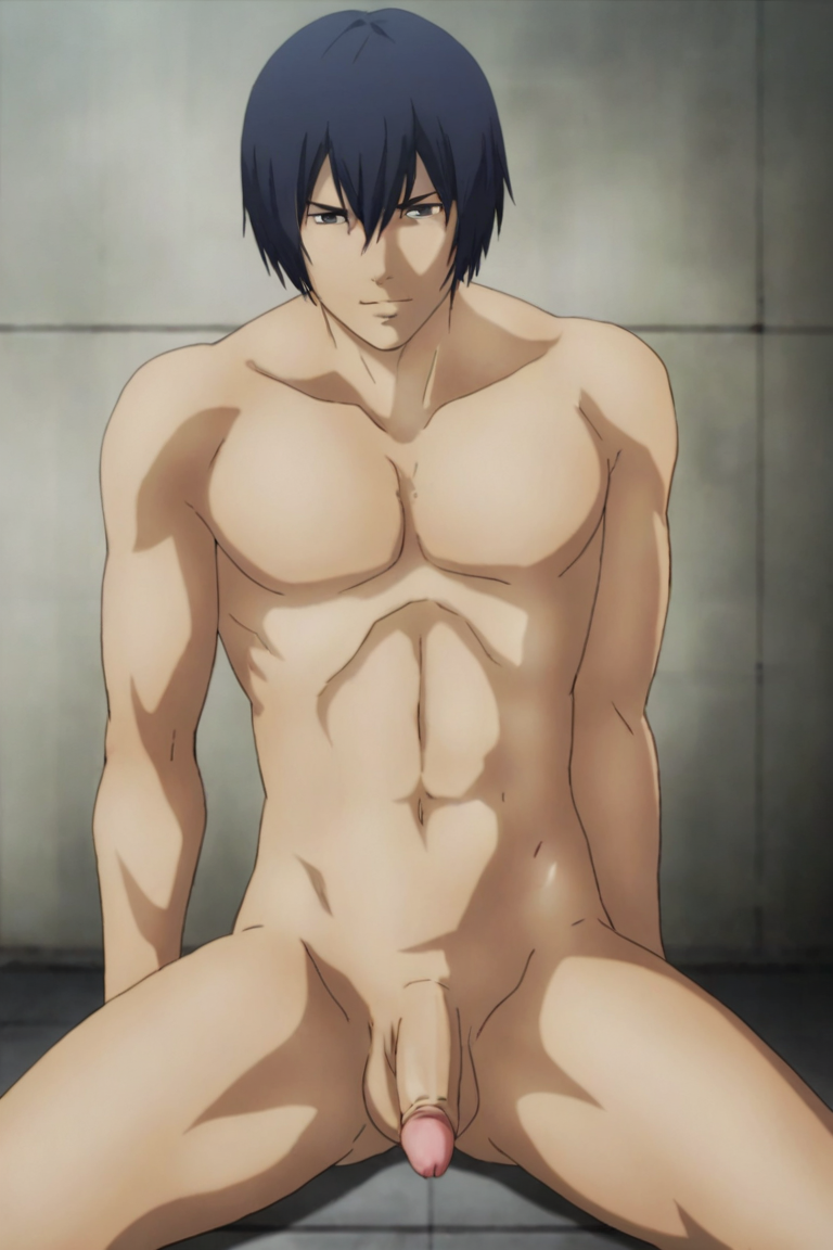 ai_art ai_generated flaccid flaccid_penis fujino_kiyoshi gay male_focus prison_school shower_room sitting_on_floor solo_male