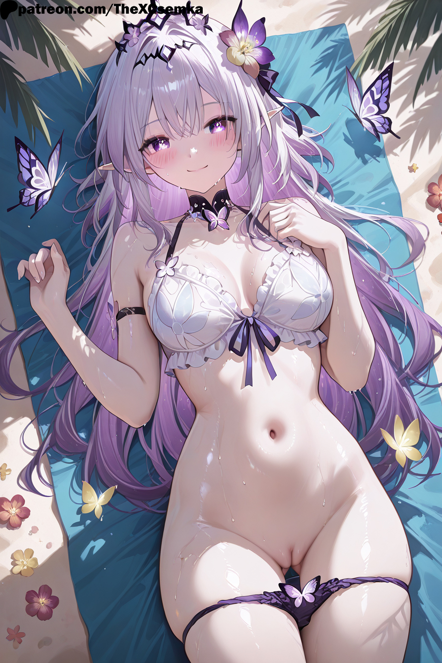 1girls ai_generated anime_art beach blush bug butterfly castorice_(honkai:_star_rail) colored_inner_hair cute flowers from_above hair_flower honkai:_star_rail intricate line_art lying_on_back newest panties_down patreon pointy_ears purple_eyes pussy realistic_details shiny shiny_skin sweat sweet_smile tiara uncensored wet white_brassiere