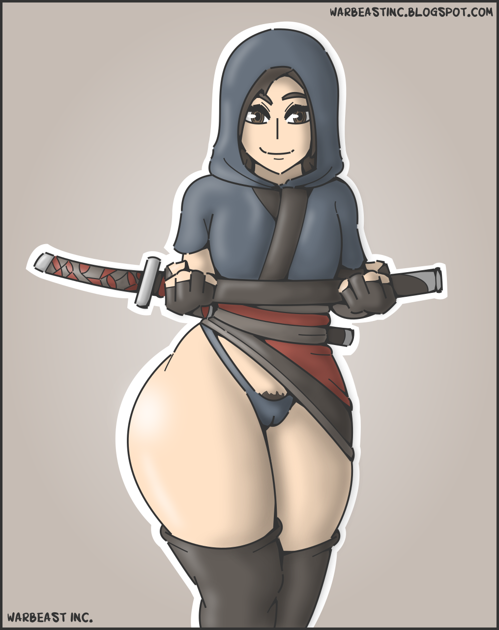 1girls 2d asian_female ass assassin's_creed_(series) assassin's_creed_shadows black_hair bracers cameltoe clothed clothing female female_focus female_only fujibayashi_naoe hood kimono light-skinned_female looking_at_viewer panties pubic_hair shinobi short_hair smile smiling smiling_at_viewer solid_color_background sword thick thick_ass thick_legs thick_thighs thighhighs thighs ubisoft video_game_character video_games warbeastinc. wide_hips