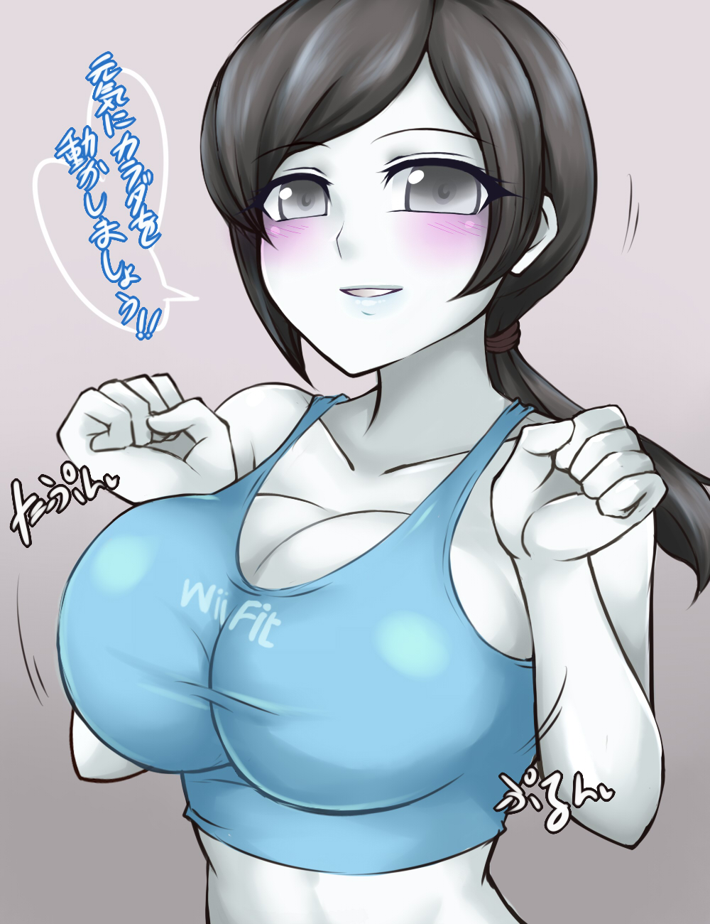 1girls, 2020, beruzumi-m, big breasts, black hair, blush, breasts, cleavage, female, female only, grey background, grey eyes, huge breasts, large breasts, long hair, nintendo, solo, sports bra, white skin, wii fit, wii fit trainer, wii fit trainer (female)
