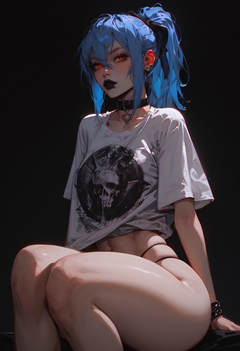 2d ai_generated big_ass big_shirt big_thighs black_dress black_lips blue_hair earrings fancy_clothing goth_girl hugoroman makeup original_character oversized_clothes oversized_shirt ponytail red_eyes small_breasts small_waist t-shirt unknown_character vampire vampire_girl