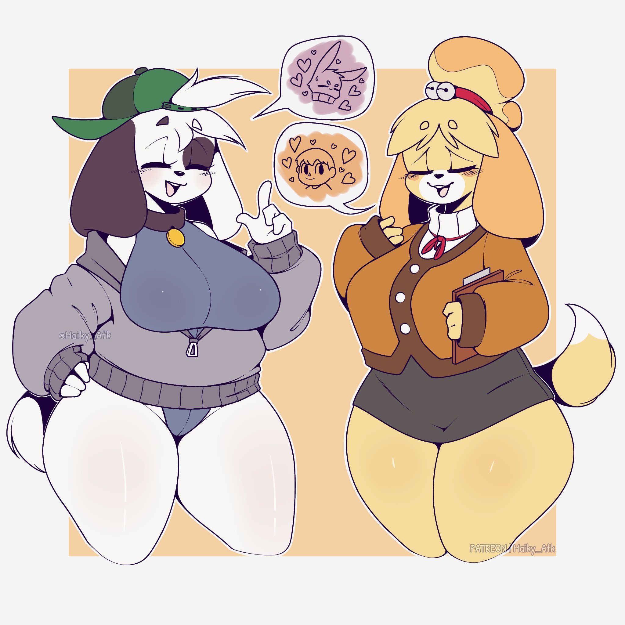 animal crossing, big breasts, big thighs, blush, breasts, canine, closed eyes, clothing, dog collar, dog ears, doki (character), doki (discovery kids), doki (fem.doki), domestic dog, female, furry, furry female, isabelle (animal crossing), maiky atk, white fur, yellow fur
