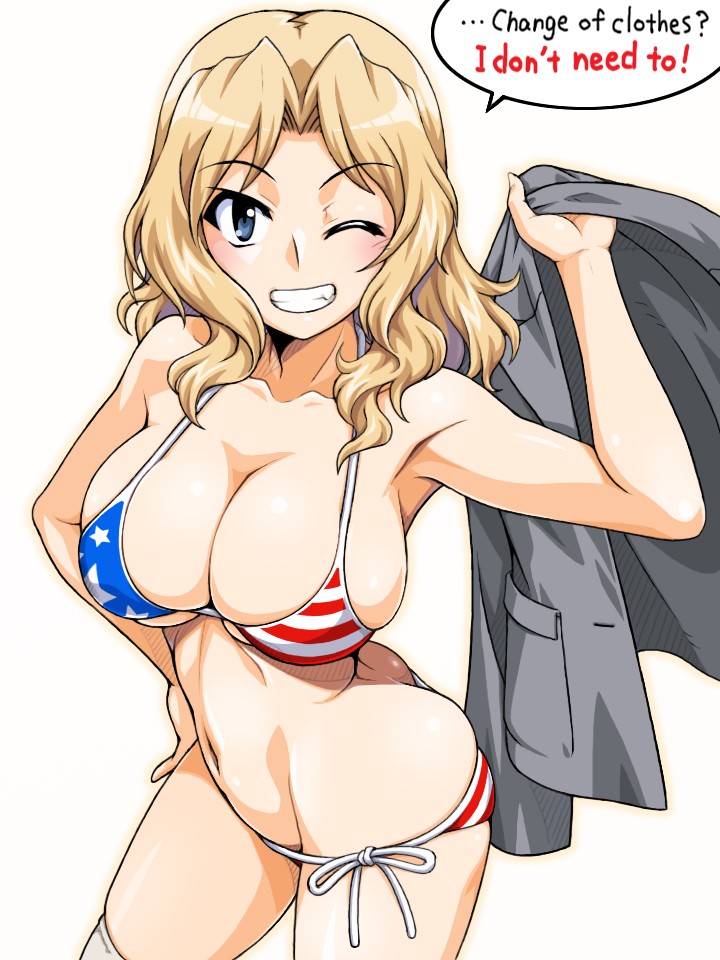 american flag bikini, big breasts, bikini, blonde hair, blue eyes, breasts, female, girls und panzer, kay (girls und panzer), small bikini, teeth, wavy hair, wink