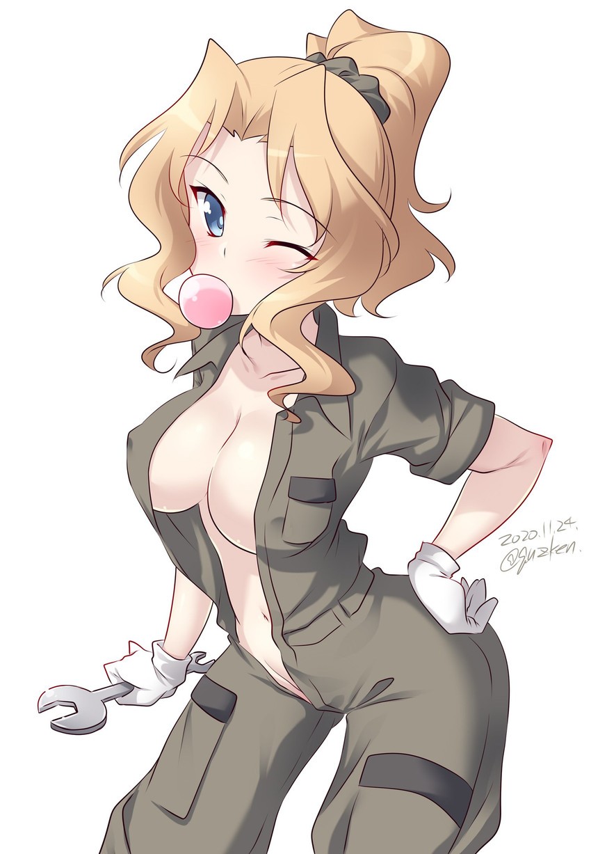 big breasts, breasts, female, girls und panzer, kay (girls und panzer), long hair, no bra