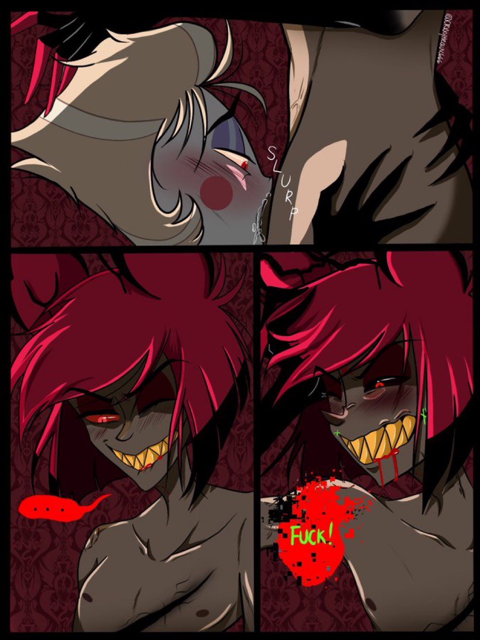 alastor (hazbin hotel), blood, blowjob, crxxyheaux666, gay blowjob, hazbin hotel, lucifer morningstar (hazbin hotel), male, moaning in pleasure, naked, penis, text, twink