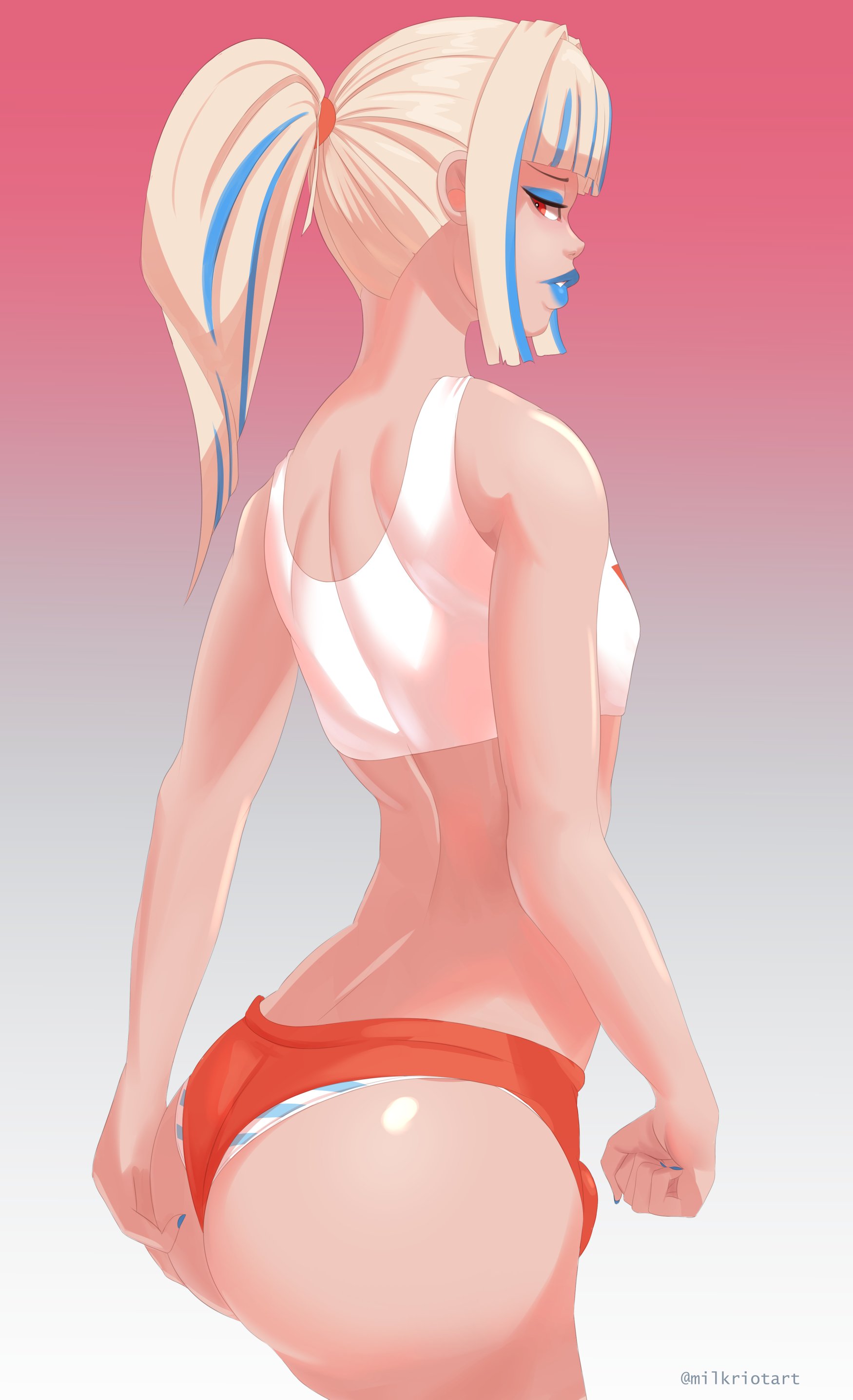 1boy, ass, blonde hair, blue eyeshadow, blue lipstick, cream (milkriot), crop top, femboy, femboy hooters, hand on ass, highlights, hooters, hooters uniform, looking back, looking down, makeup, male, milkriot, original, original character, panties, ponytail, red eyes, short shorts, shorts, striped panties, trap