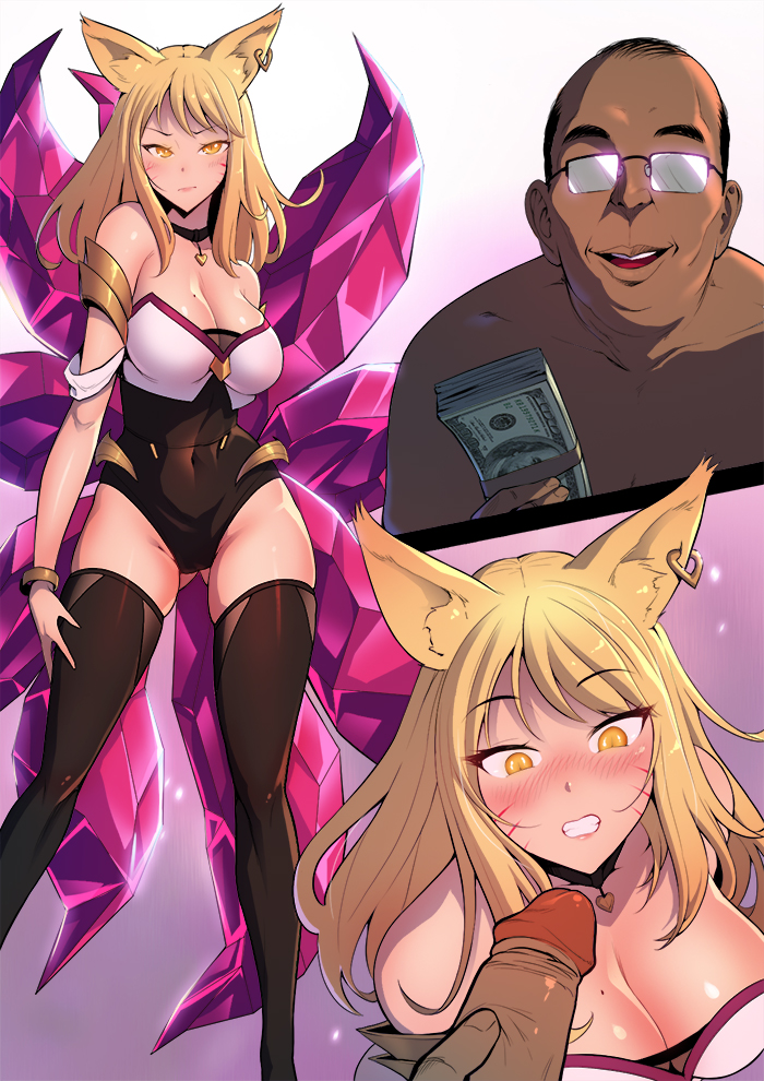 ahri, breasts, comic, cum, cum in mouth, cum in pussy, damian, dark skin, dark-skinned male, fellatio, female, fox ears, fox tail, high heels, k/da ahri, k/da series, league of legends, male, money, penis, pussy, sex, thighhighs, vaginal penetration
