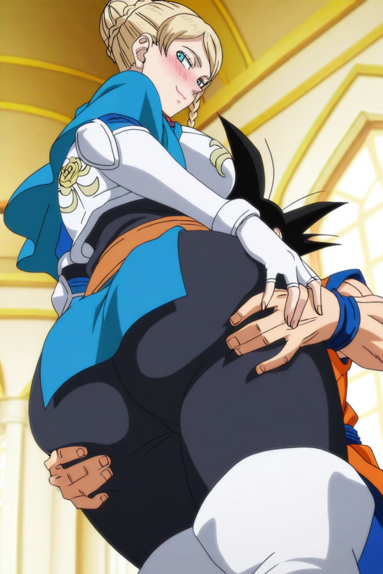 ai_generated armor ass ass_focus ass_grab below black_clover breastplate charlotte_roselei cheating_husband crack_pairing crack_ship dragon_ball dragon_ball_super dragon_ball_z excited goku groping_ass horny_female horny_male knight_girl looking_at_viewer magic_knight nice_ass son_goku