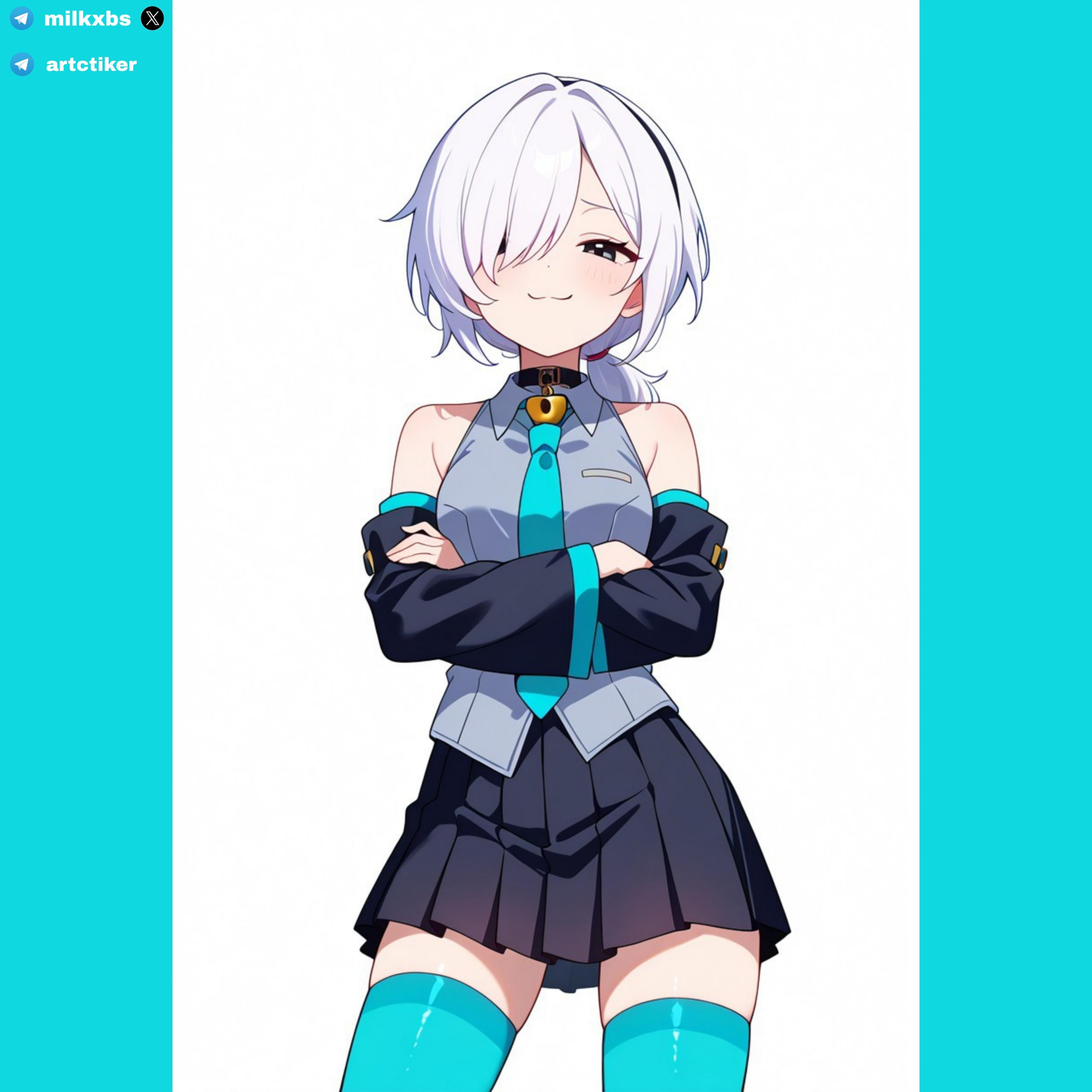 1girls, ai generated, brawl stars, clothed, clothed female, clothing, colette (brawl stars), female, hatsune miku (cosplay), milkxbs, tagme, white hair