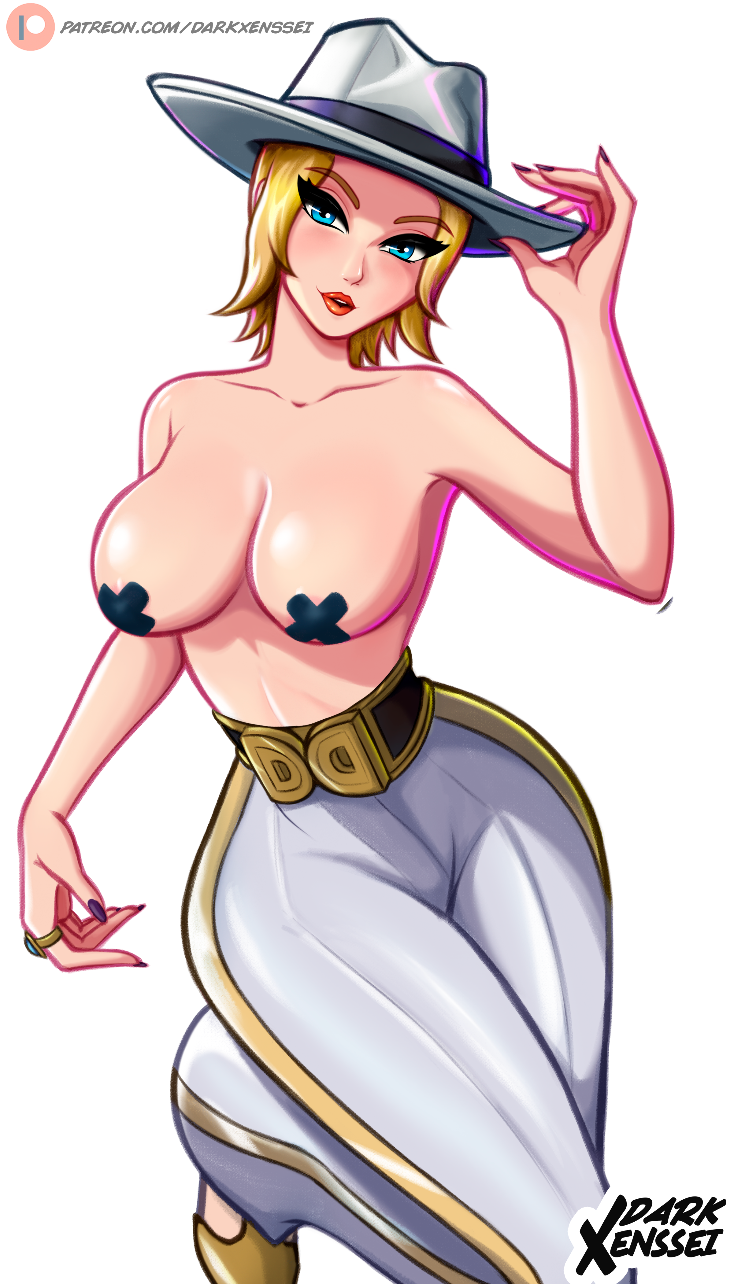 big breasts, blonde hair, blue eyes, breasts, cloak and dagger, dagger (marvel rivals), dagger (marvel), dagger (twilight duo), darkxenssei, female, marvel, marvel comics, marvel rivals, pasties, short hair, suit jacket, tandy bowen, white skin, x pasties