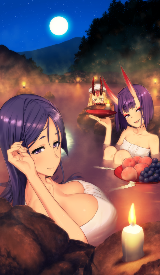 3girls adjusting_hair afloat bare_shoulders blonde_hair blue_sky bob_cut breasts candle cleavage closed_mouth collarbone commentary cup eyeshadow facial_mark fate/grand_order fate_(series) fire food food_request forehead_mark fruit full_moon holding holding_cup horns huge_breasts ibaraki_douji_(fate) ikezawa_shin long_hair looking_at_viewer makeup minamoto_no_raikou_(fate) moon multiple_girls naked_towel night night_sky official_art oni onsen open_mouth orange_eyes partially_submerged peach purple_eyes purple_hair red_eyeshadow red_horns sakazuki same-sex_bathing shared_bathing short_hair shuten_douji_(fate) sky small_breasts smile star_(sky) starry_sky steam tenma_otogizoushi_onigashima third-party_source towel towel_on_head