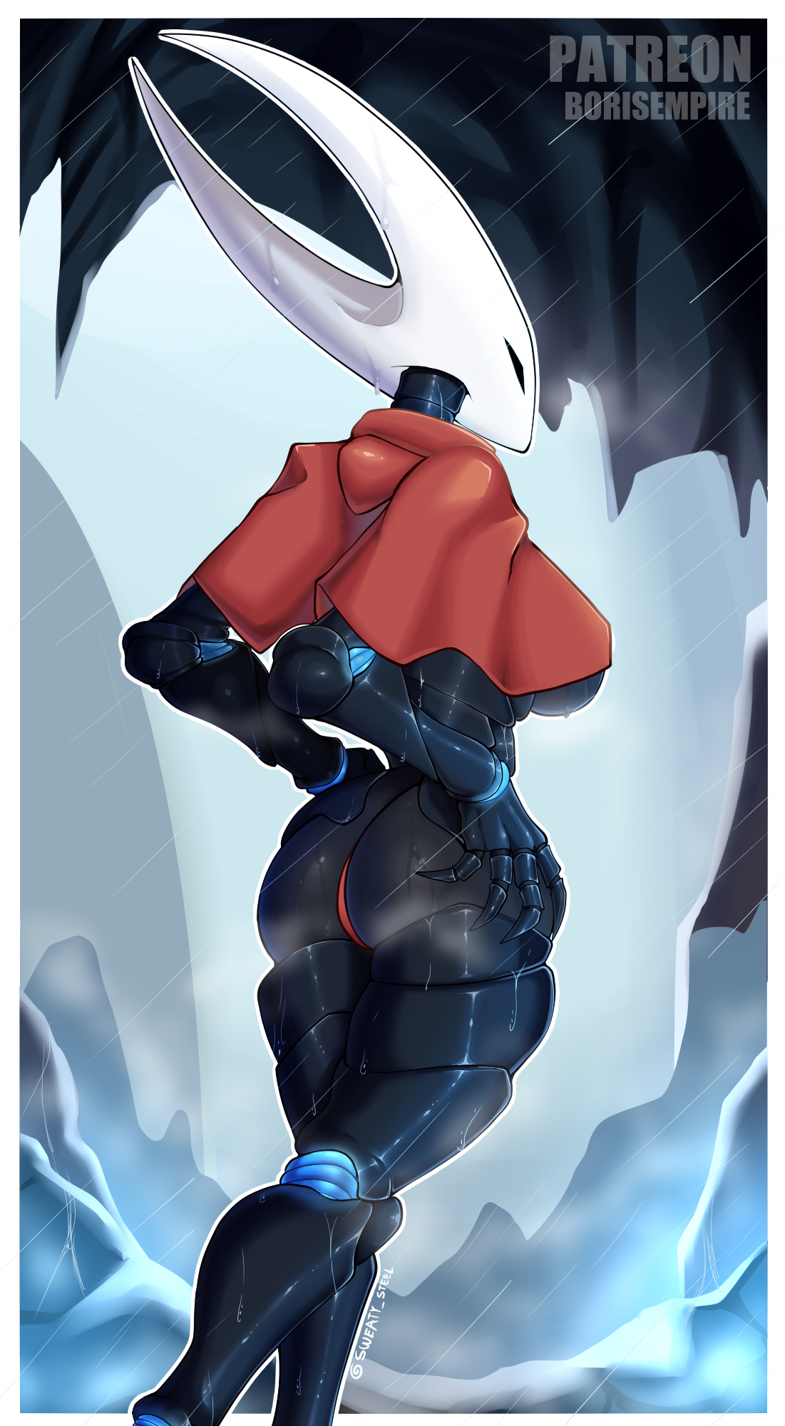 anthro, arthropod, ass, big ass, big breasts, big butt, black body, black eyes, blue body, border, borisempire, breasts, clothing, detailed background, empty eyes, female, hand on hip, hi res, hollow knight, hornet (hollow knight), insects, meltgar, raining, rear view, red clothing, red thong, red topwear, red underwear, segmented body, solo, team cherry, thick thighs, thong, topwear, under boob, underwear, wet, white body, white border, wide hips