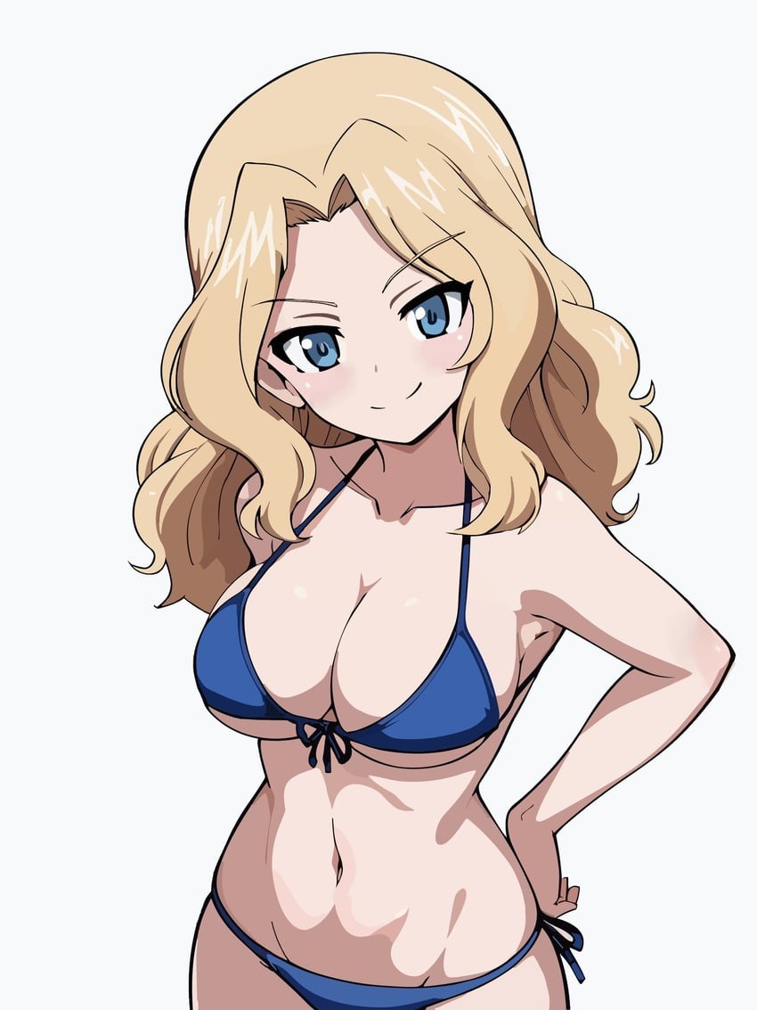 1girls, armpits, bare shoulders, big breasts, bikini, blue eyes, breasts, cleavage, clothed, clothes, clothing, female, female only, girls und panzer, human, human only, kay (girls und panzer), large breasts, long hair, small bikini, solo, solo female