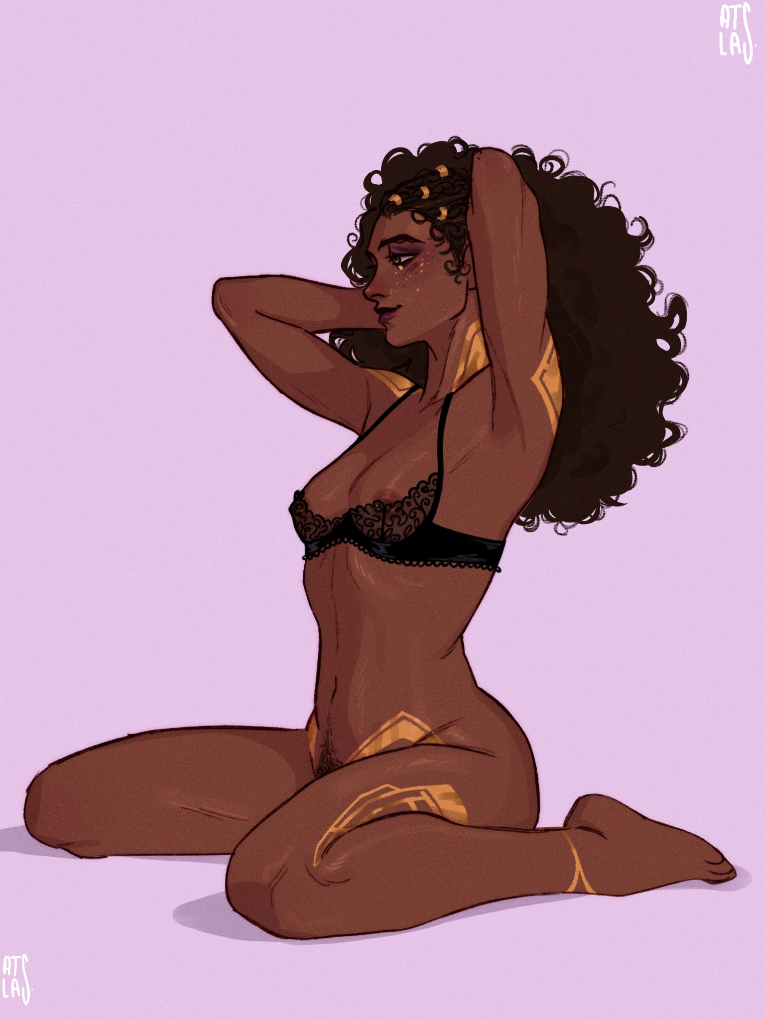 1girls, aa atlas ss, arcane, artist logo, artist name, black bra, blush, bottomless, bra, braided hair, breasts, brown hair, color, curly hair, eyeshadow, female, female pubic hair, freckles, freckles on face, functionally nude, green eyes, half-closed eyes, happy trail, highres, kneeling, league of legends, lighting, lipstick, long hair, mel medarda, nipple piercing, nipples, partially clothed, piercing, pubic hair, purple background, purple eyeshadow, purple lipstick, see-through, see-through bra, side view, sideass, slight blush, small breasts, smile, tying hair, watermark