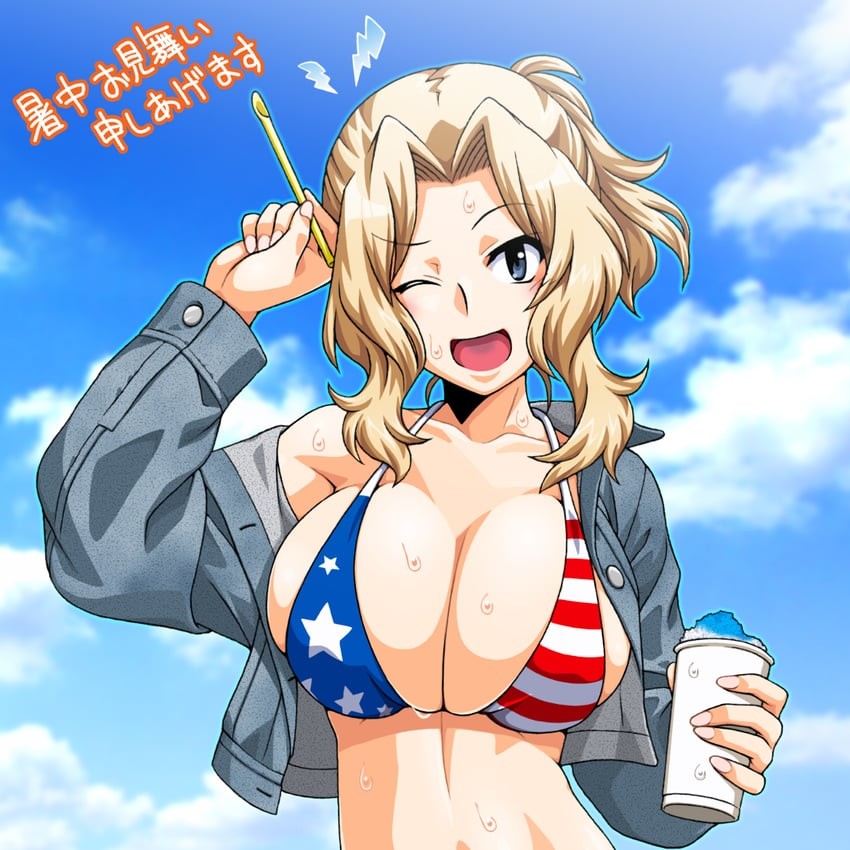 beach, big breasts, bikini, breasts, female, girls und panzer, kay (girls und panzer), small bikini