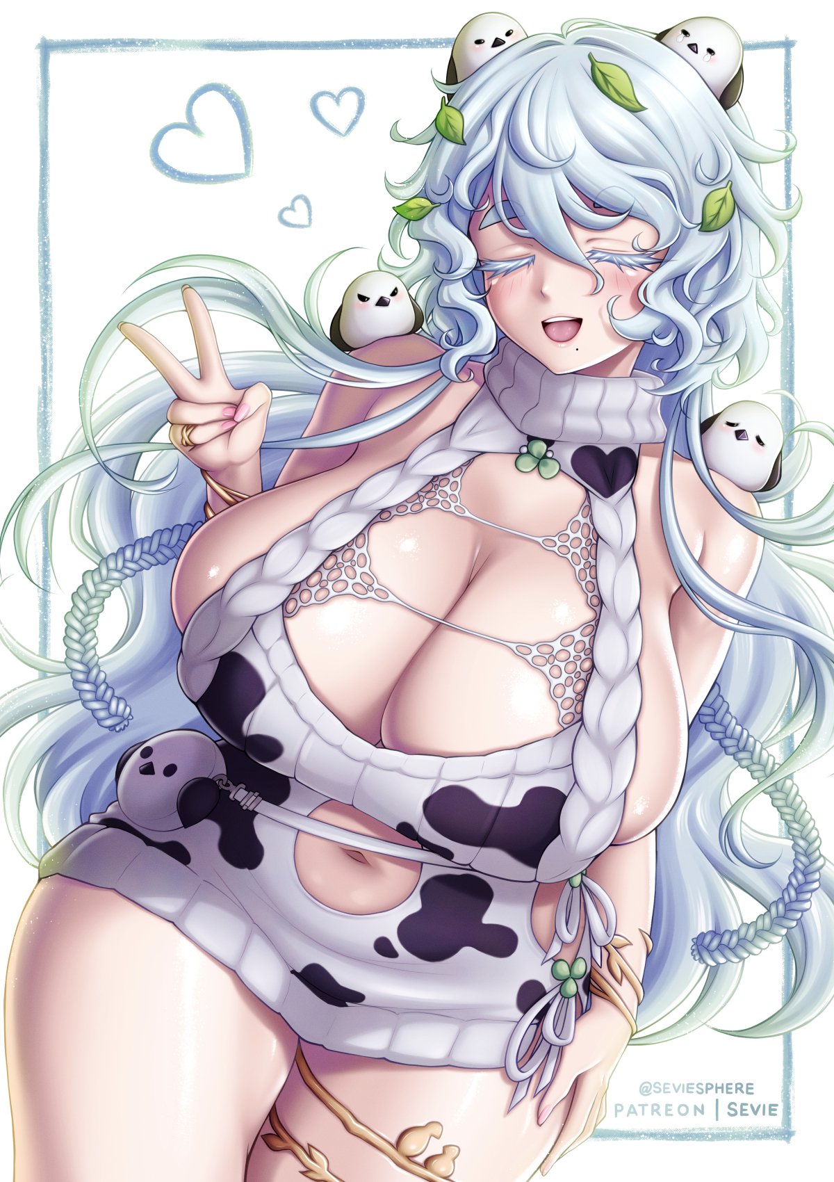 1girls breasts cleavage cow_print female goddess_of_victory:_nikke hips huge_breasts light-skinned_female light_skin long_hair massive_breasts sevie thick_thighs thighs trina_(nikke) white_hair wide_hips