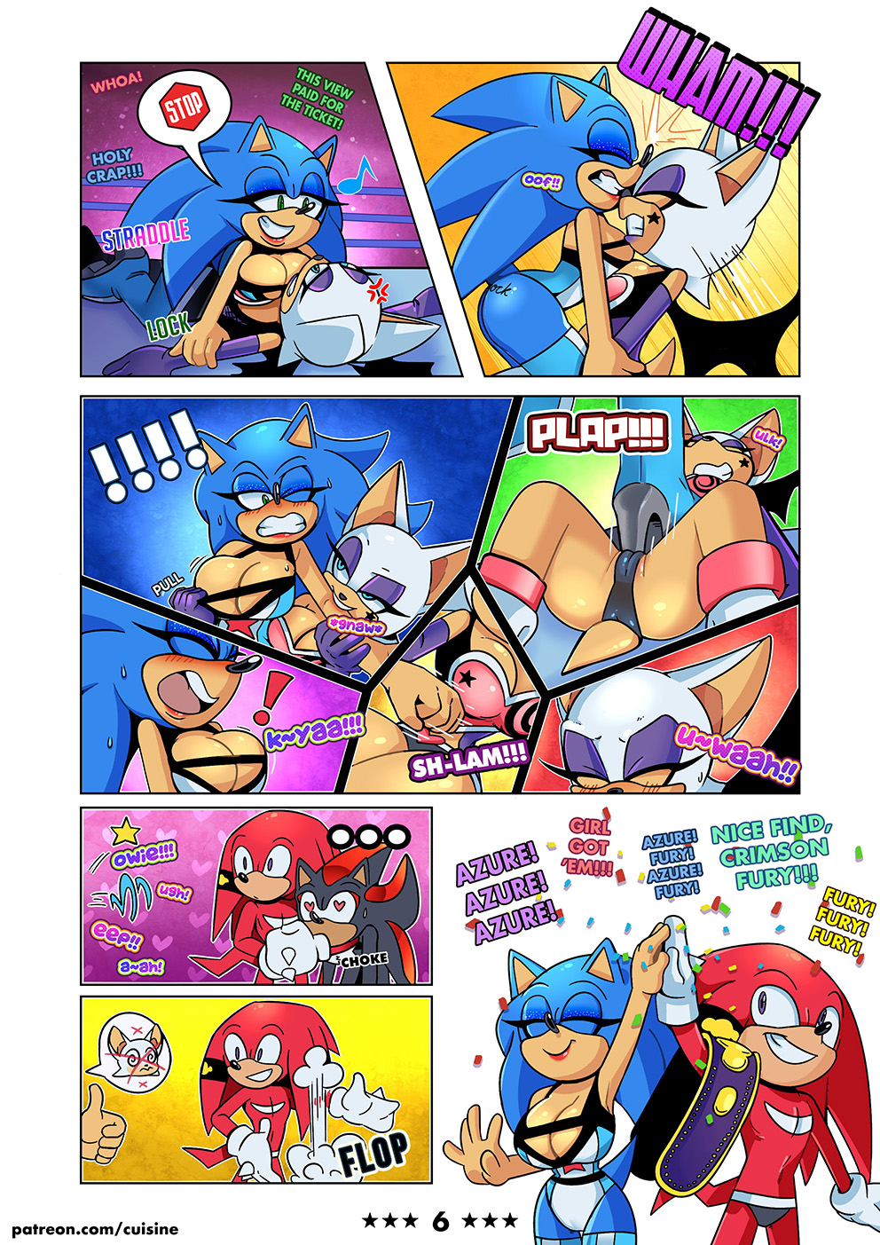 <3_eyes anthro armwear big_breasts breasts camel_toe clothing comic duo elbow_gloves female fighting_ring footwear genderswap gloves handwear heart hi_res high_heels knuckles_the_echidna male missphase rouge_the_bat rule_63 shadow_the_hedgehog shoes sonic_(series) sonic_the_hedgehog sonic_the_hedgehog_(series) sonique_the_hedgehog stepping_on_pussy wrestling